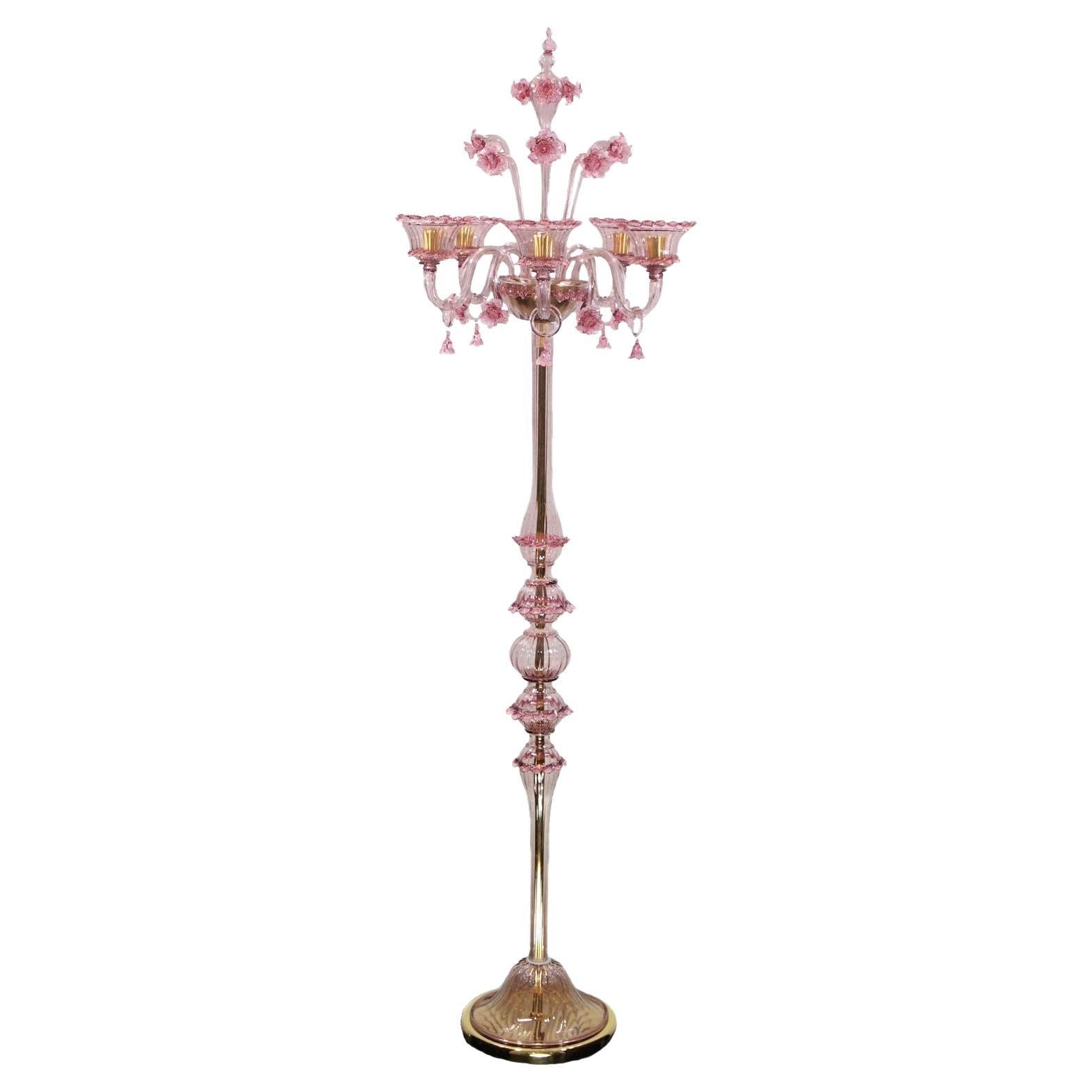 Artistic Floor Lamp 5 Arms Amethyst Murano Glass, Pink Details by Multiforme