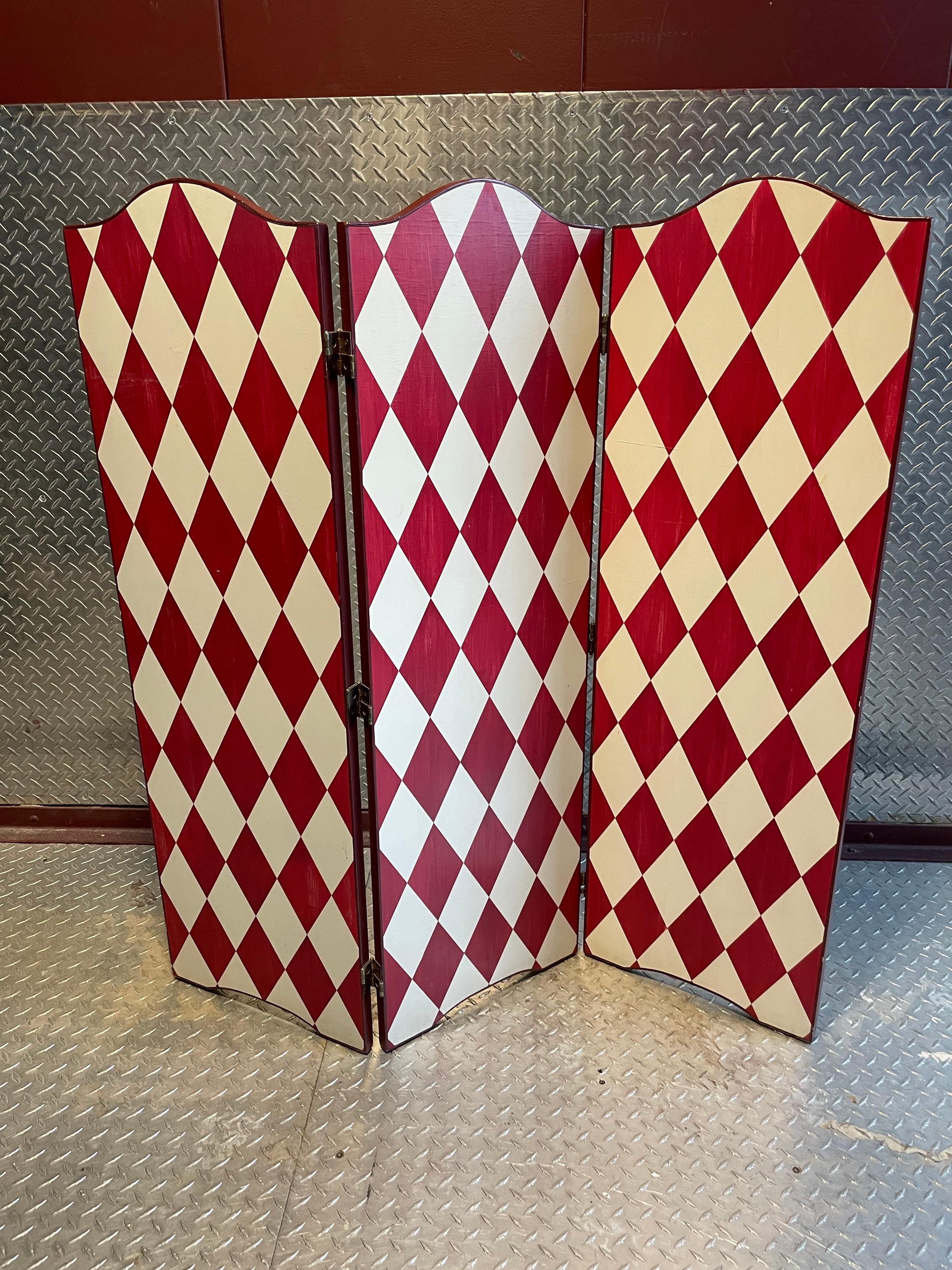 Artistic Hand Painted French Screen Divider in a Festive White and Deep Red For Sale 4