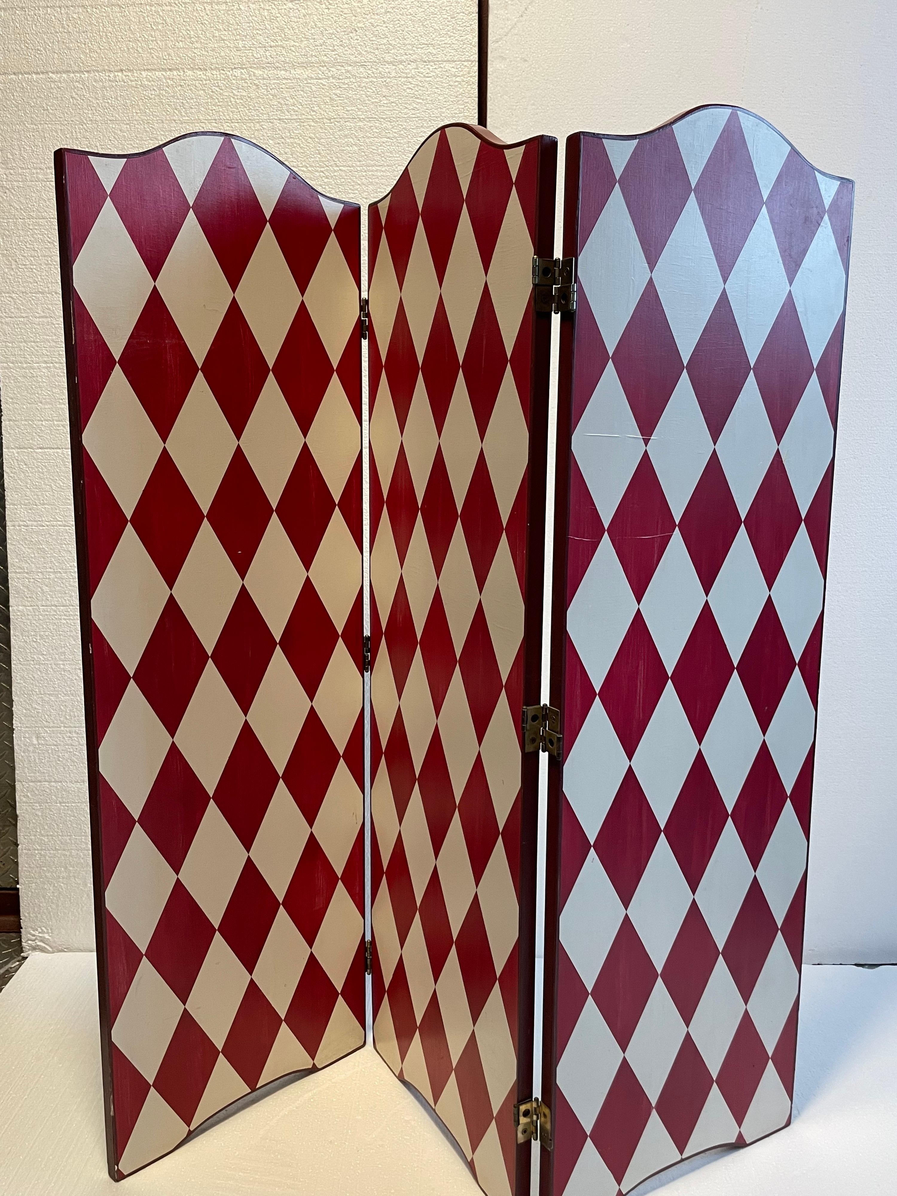 Artistic Hand Painted French Screen Divider in a Festive White and Deep Red For Sale 5