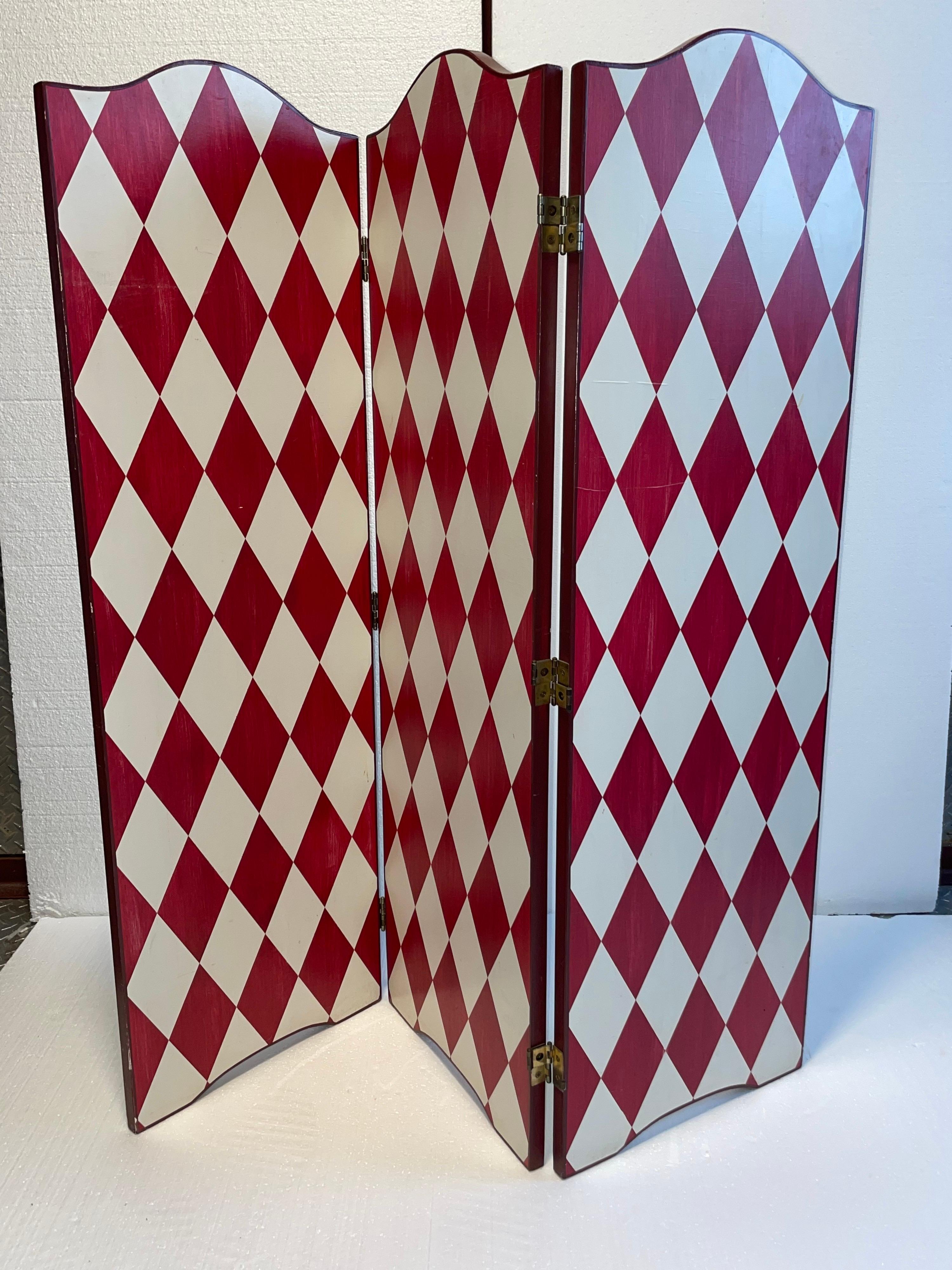 Hardwood Artistic Hand Painted French Screen Divider in a Festive White and Deep Red For Sale