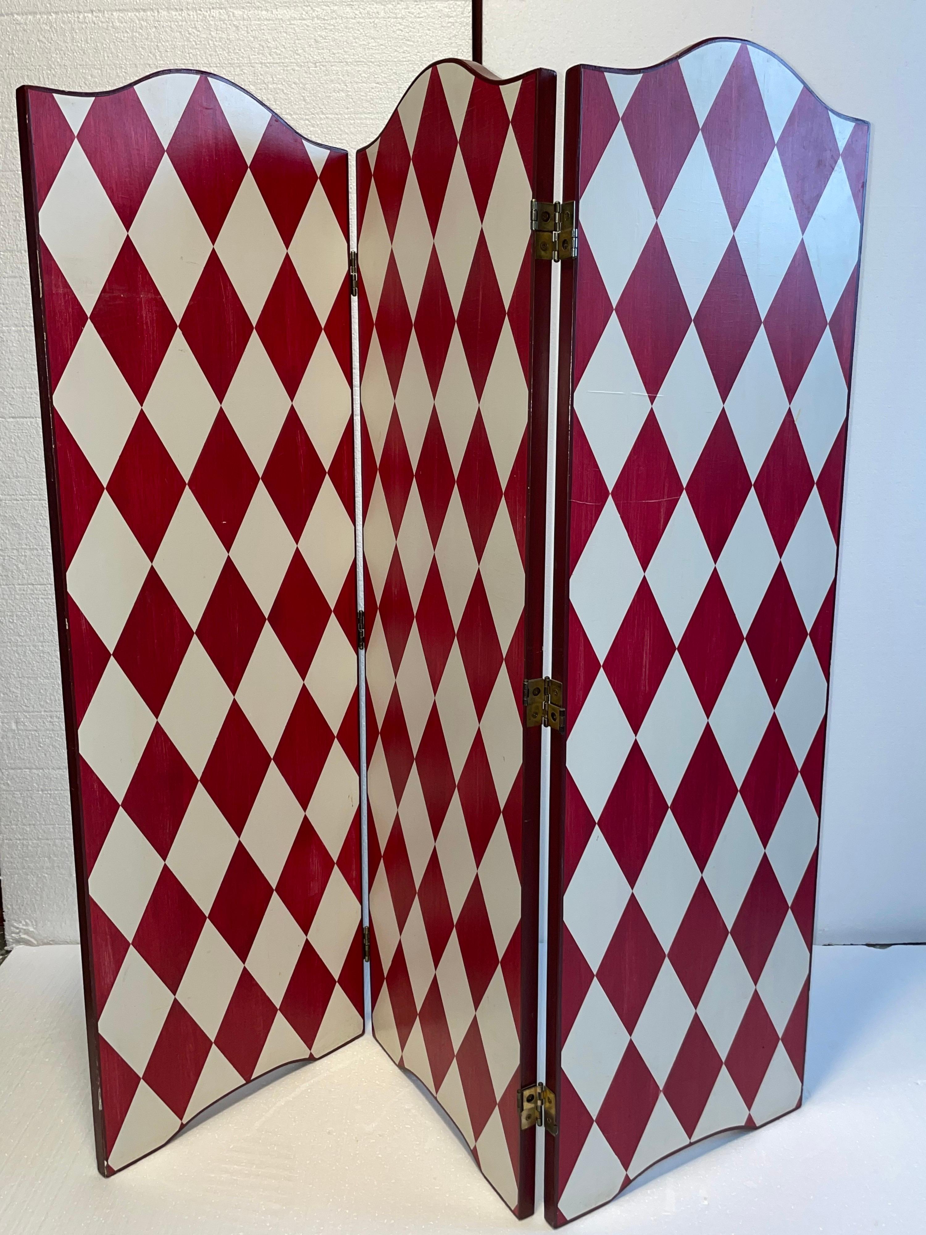 Artistic Hand Painted French Screen Divider in a Festive White and Deep Red For Sale 1