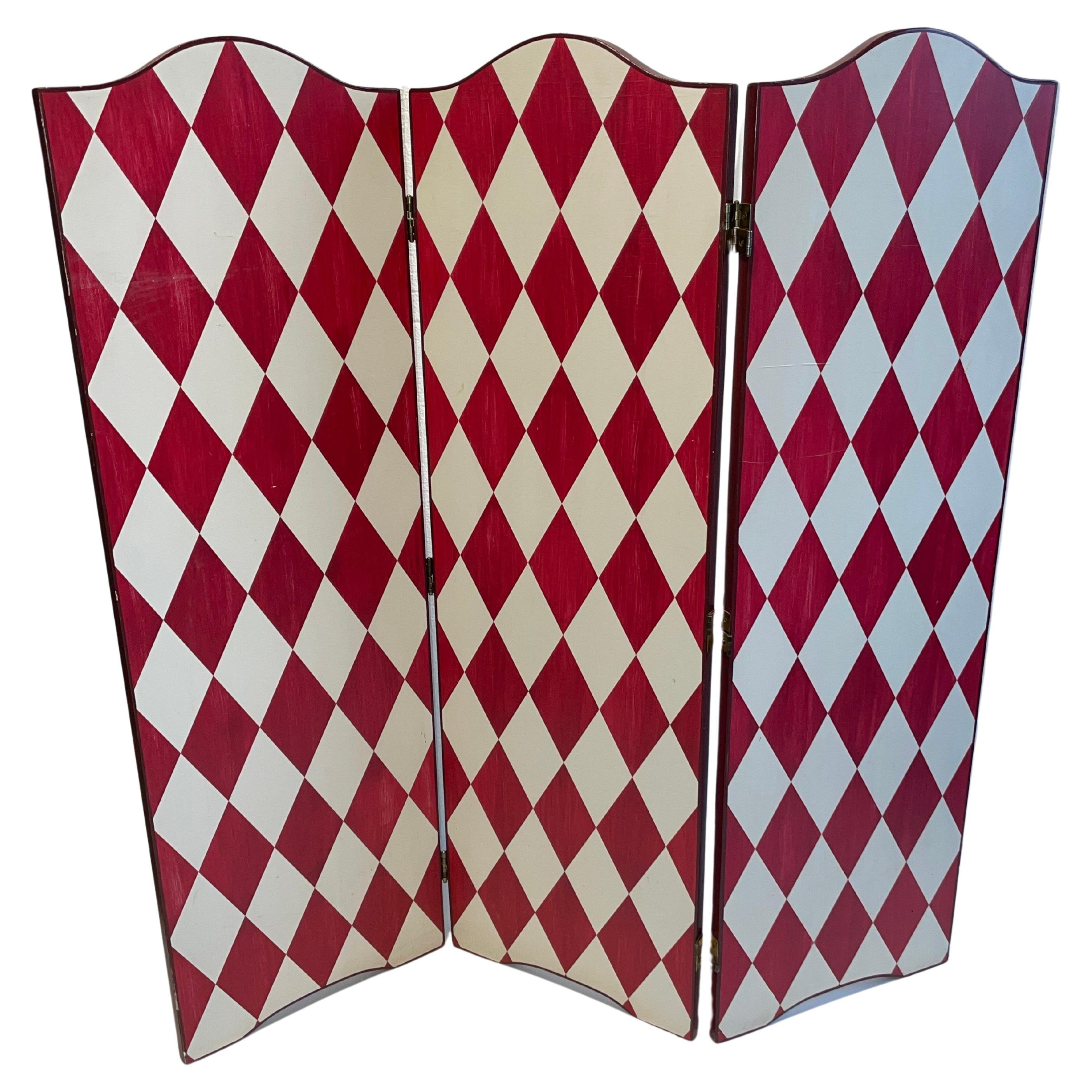 Artistic Hand Painted French Screen Divider in a Festive White and Deep Red For Sale