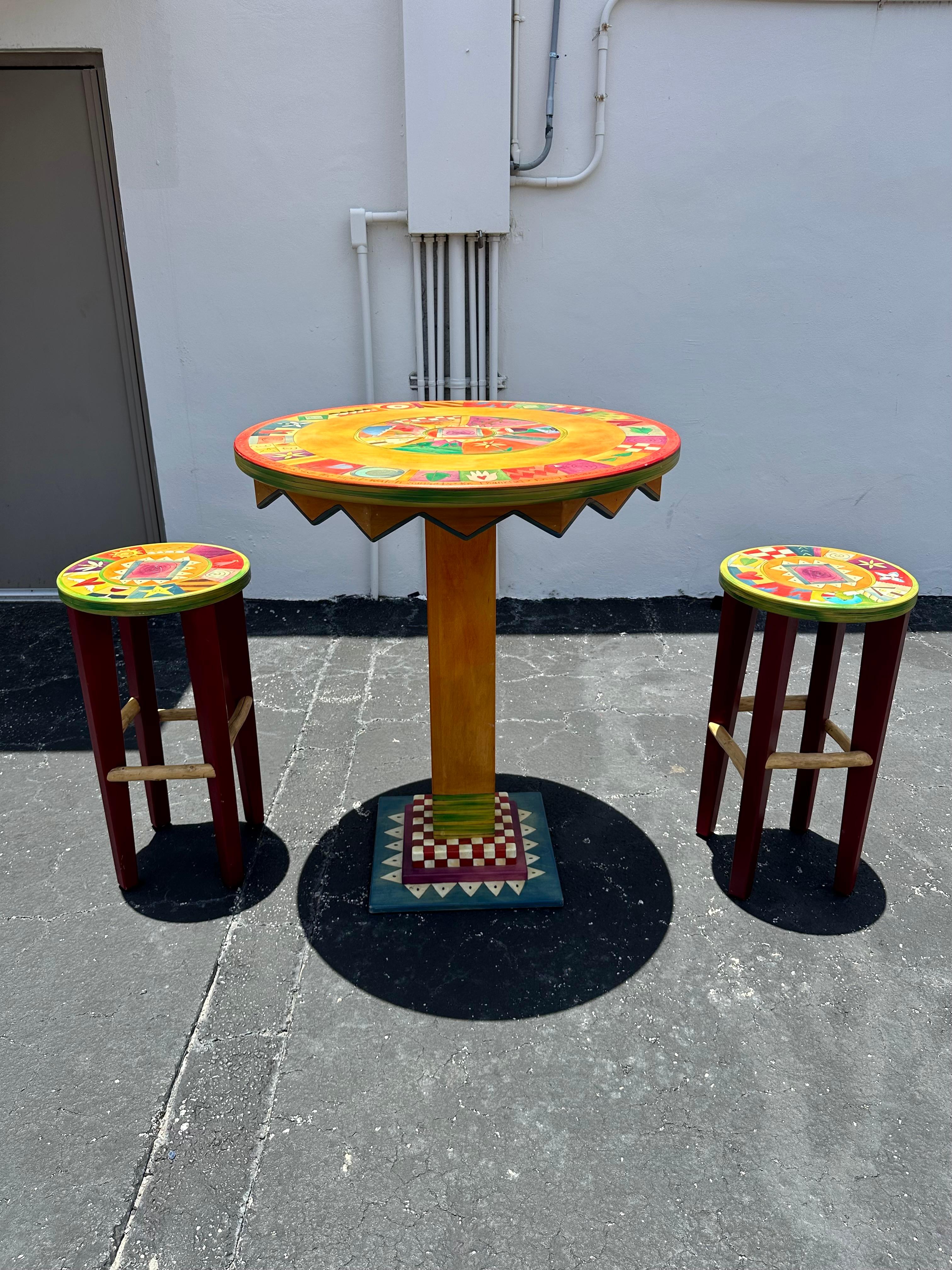 Folk Art Artistic Hand Painted Whimsical Mckenzies Child Style Table and Stools, Set of 3 For Sale