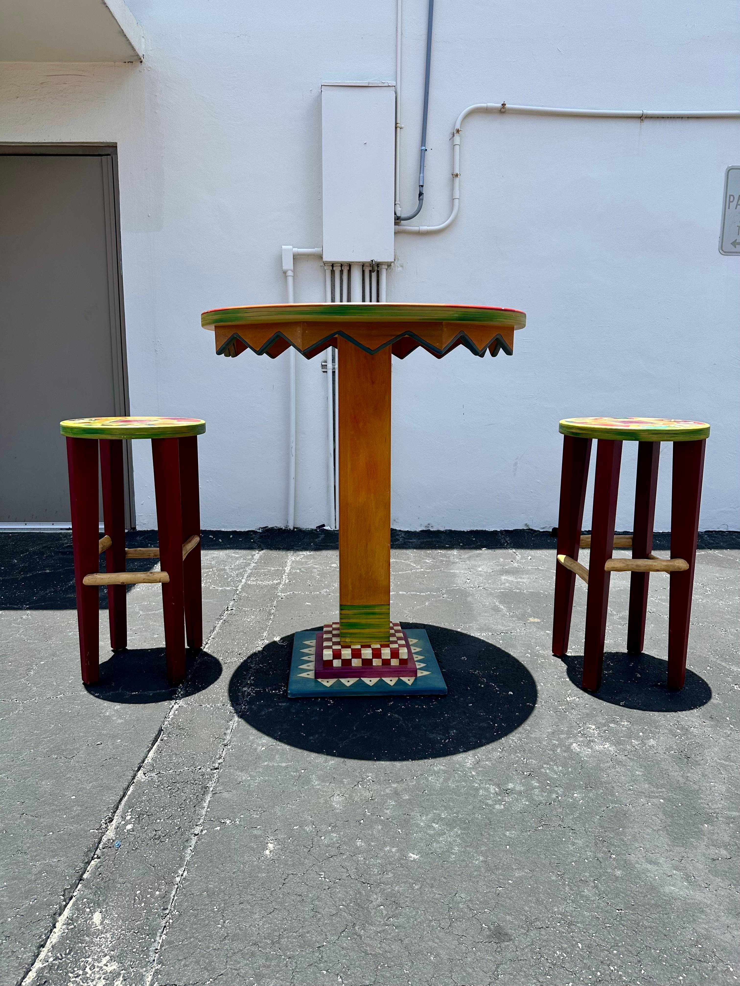 Artistic Hand Painted Whimsical Mckenzies Child Style Table and Stools, Set of 3 In Good Condition For Sale In Fort Lauderdale, FL