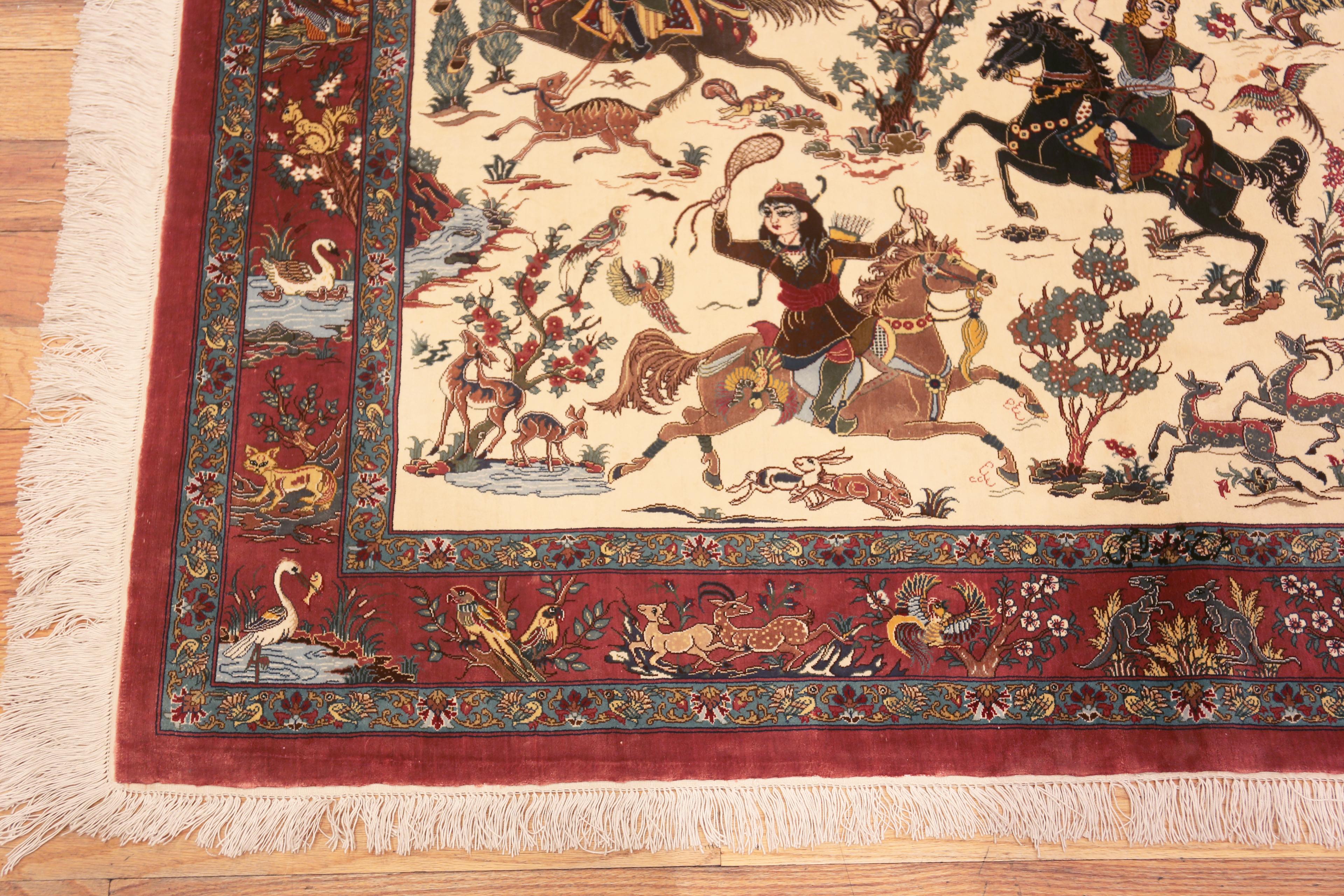 Tabriz Artistic Hunting Design Vintage Persian Silk Qum Small Luxury Rug 3'4