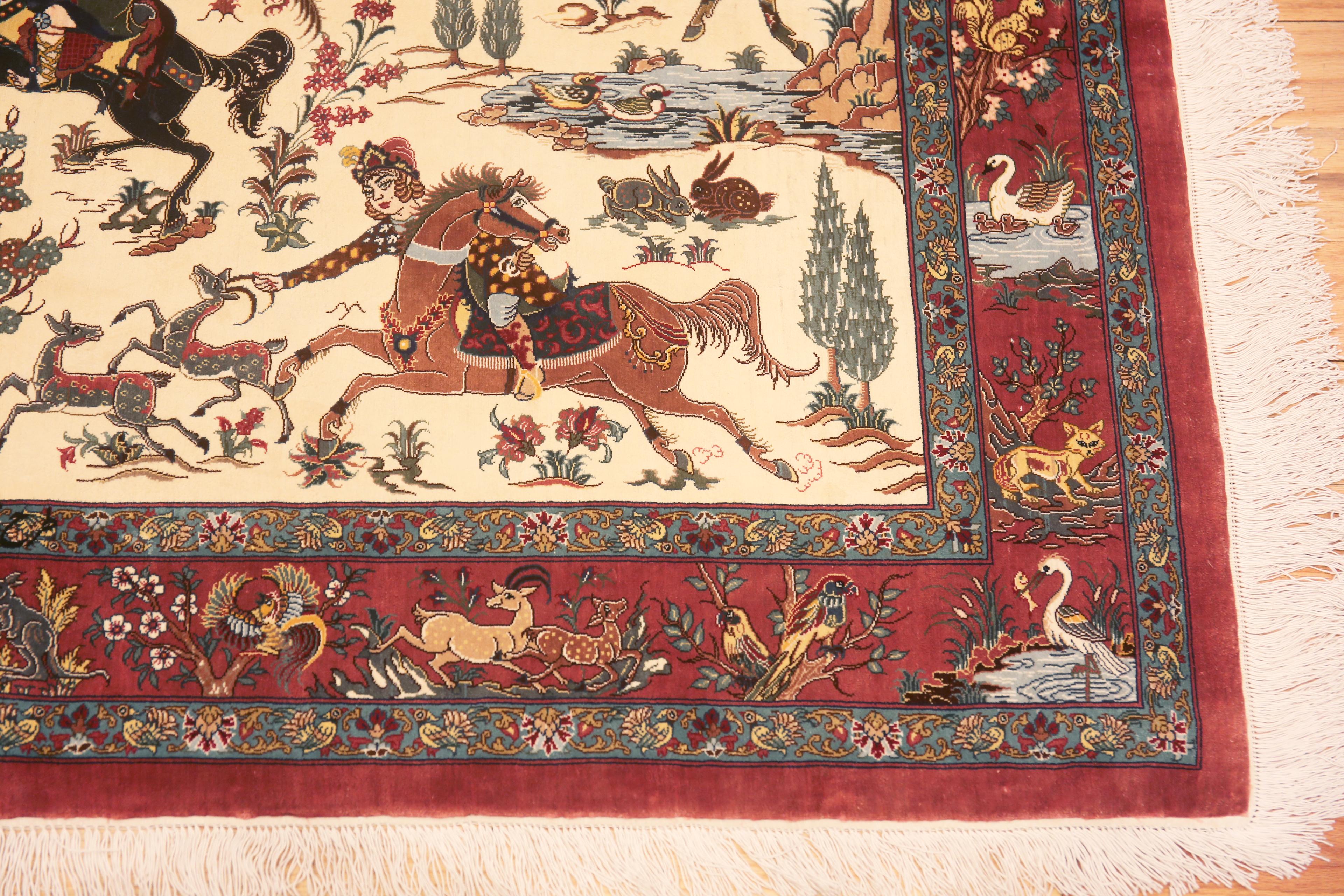 Artistic Hunting Design Vintage Persian Silk Qum Small Luxury Rug 3'4