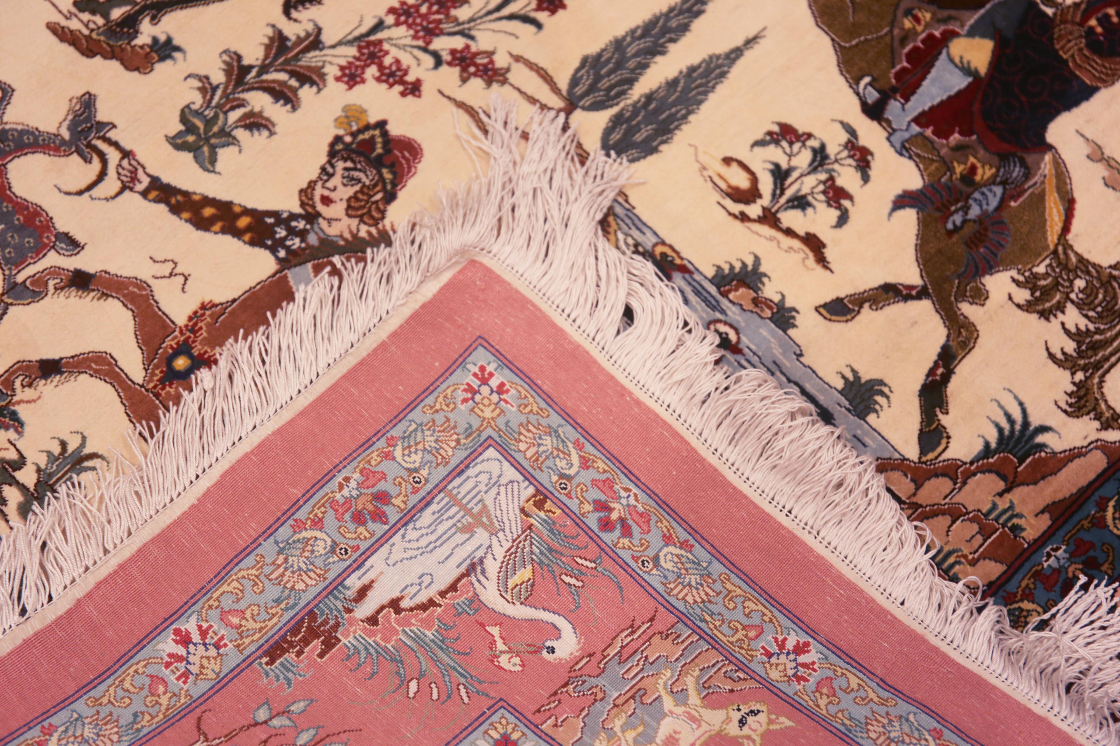 20th Century Artistic Hunting Design Vintage Persian Silk Qum Small Luxury Rug 3'4