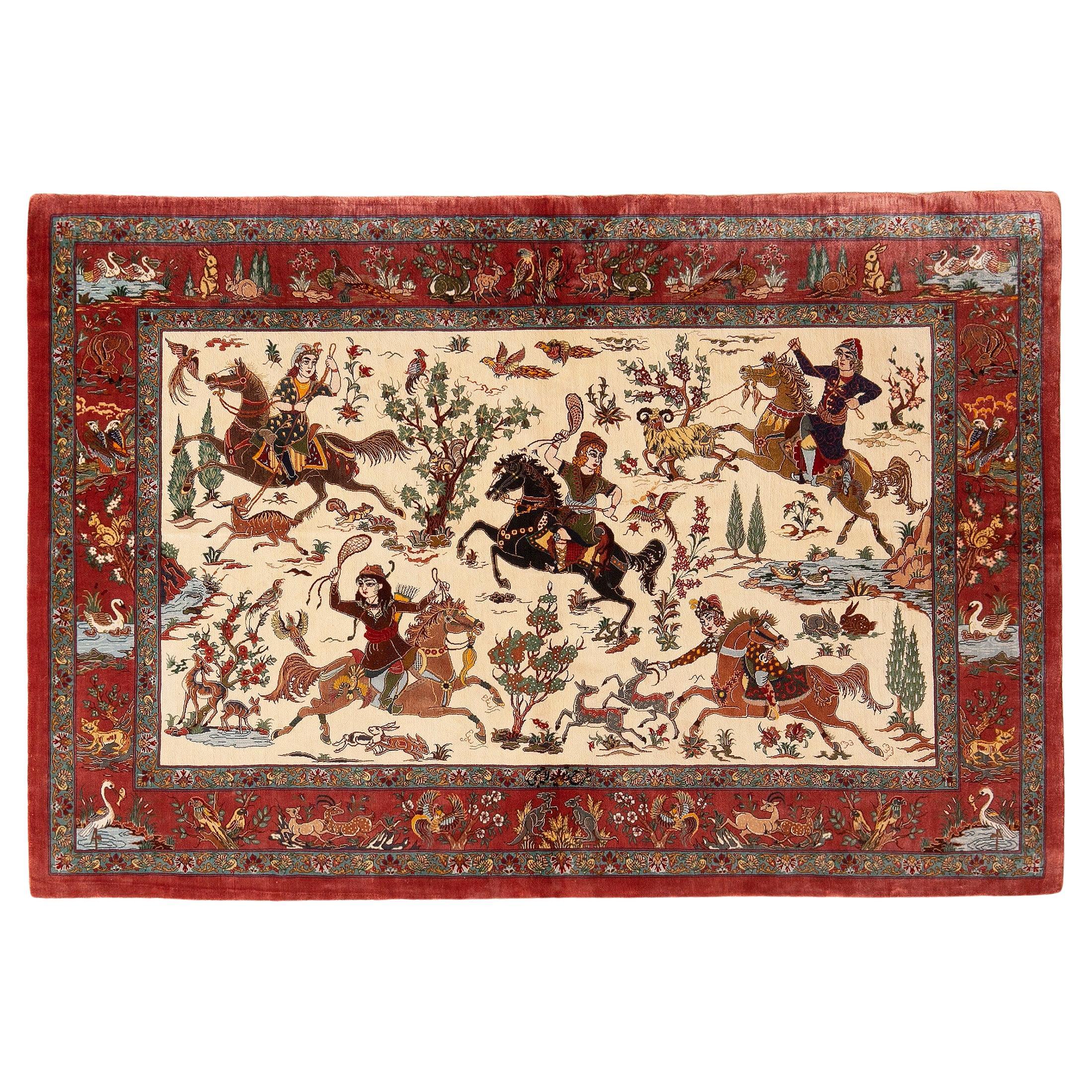 Artistic Hunting Design Vintage Persian Silk Qum Small Luxury Rug 3'4" x 5' For Sale