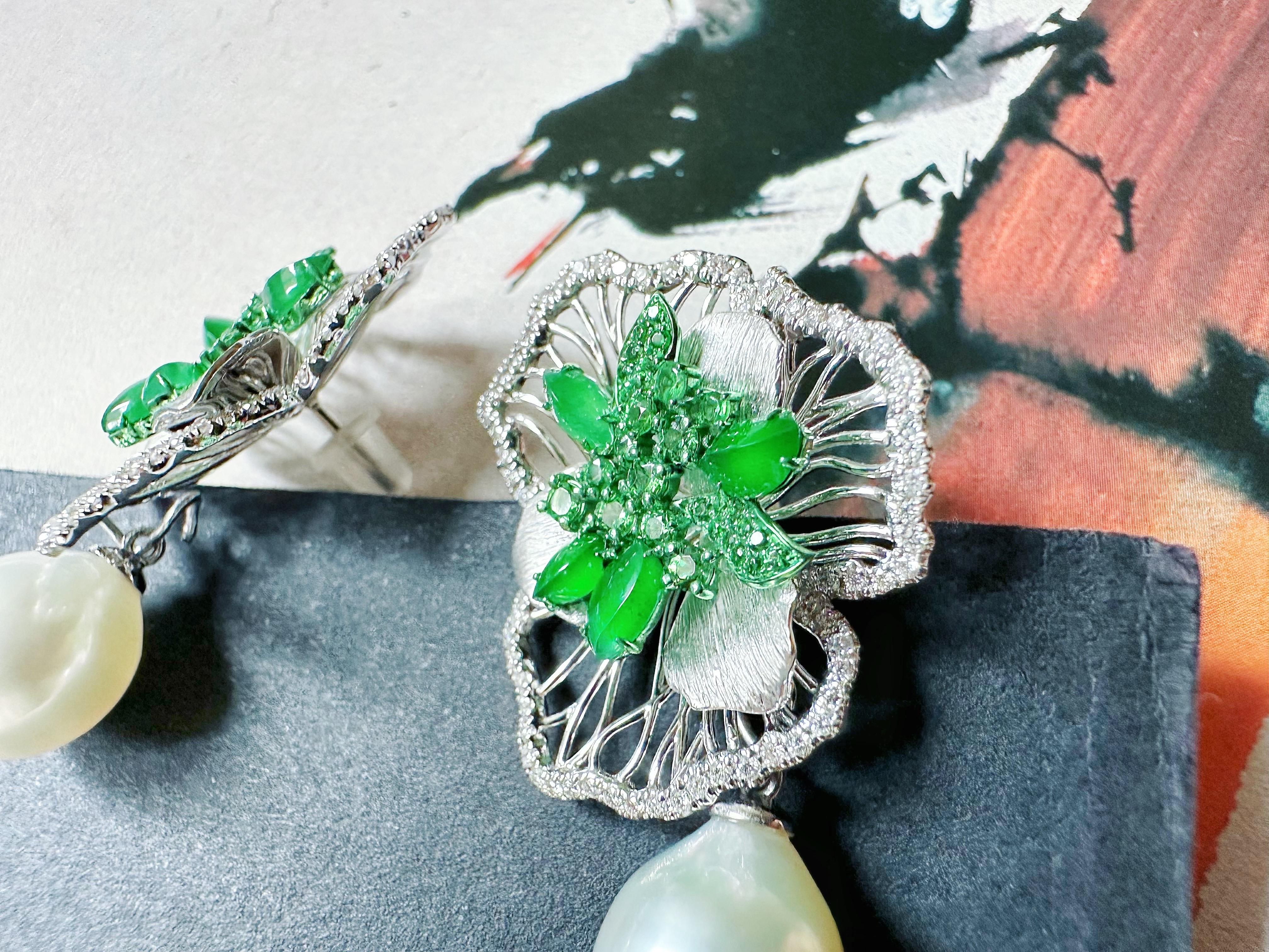 Artistic Imperial Green Jade Irregular Cabochon Earrings in 18K Gold & Diamond For Sale 5