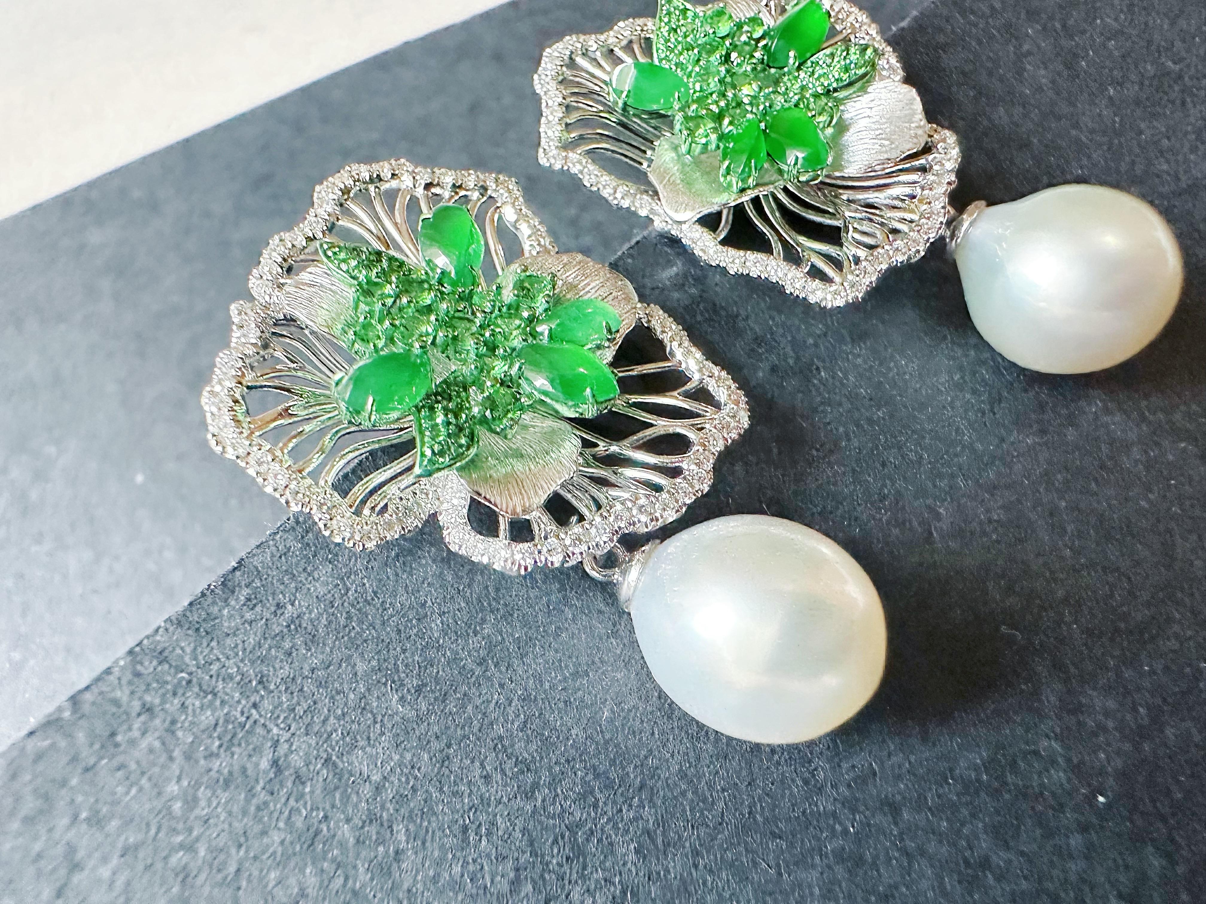 Artistic Imperial Green Jade Irregular Cabochon Earrings in 18K Gold & Diamond For Sale 9