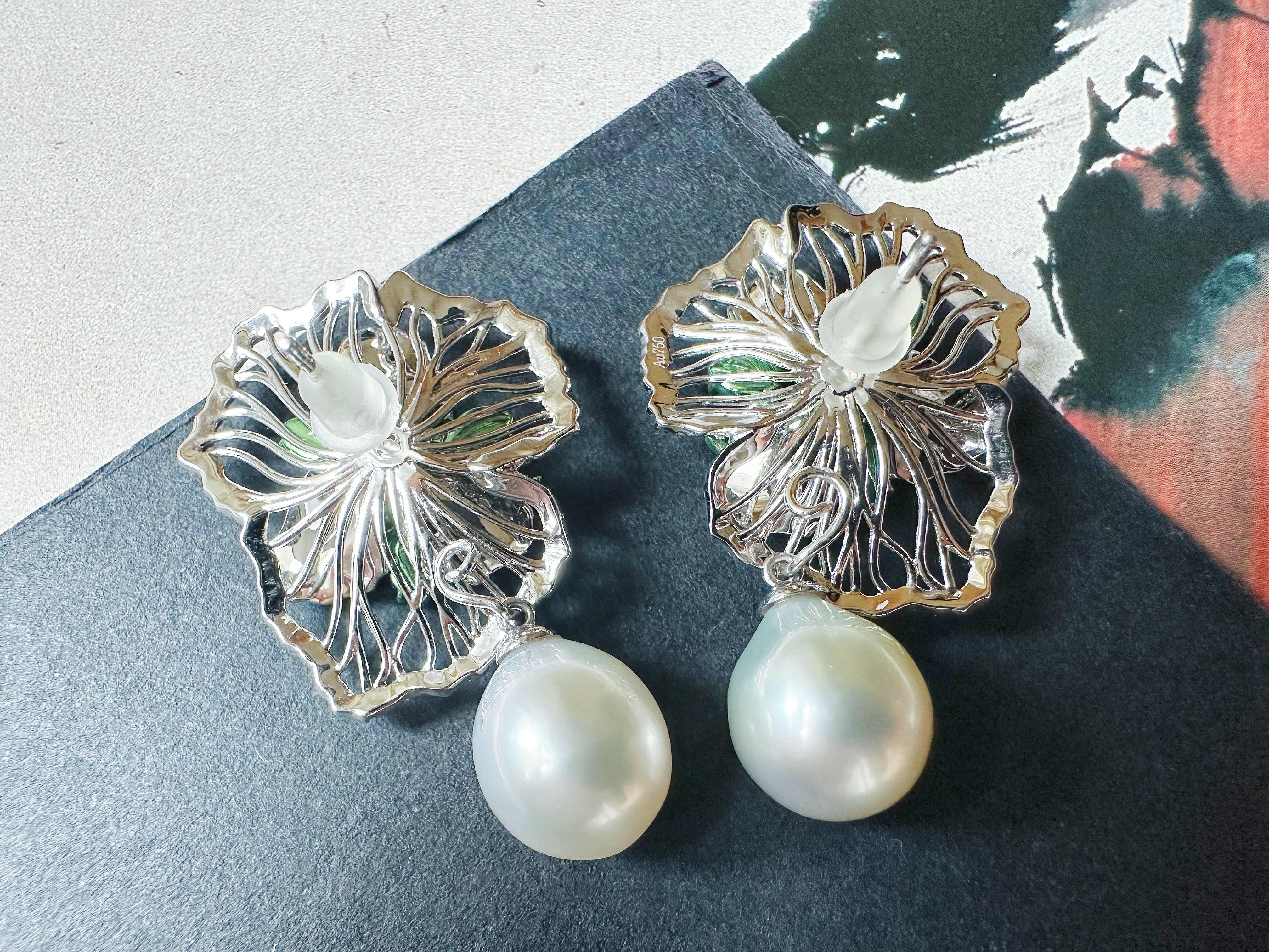 Artistic Imperial Green Jade Irregular Cabochon Earrings in 18K Gold & Diamond For Sale 11