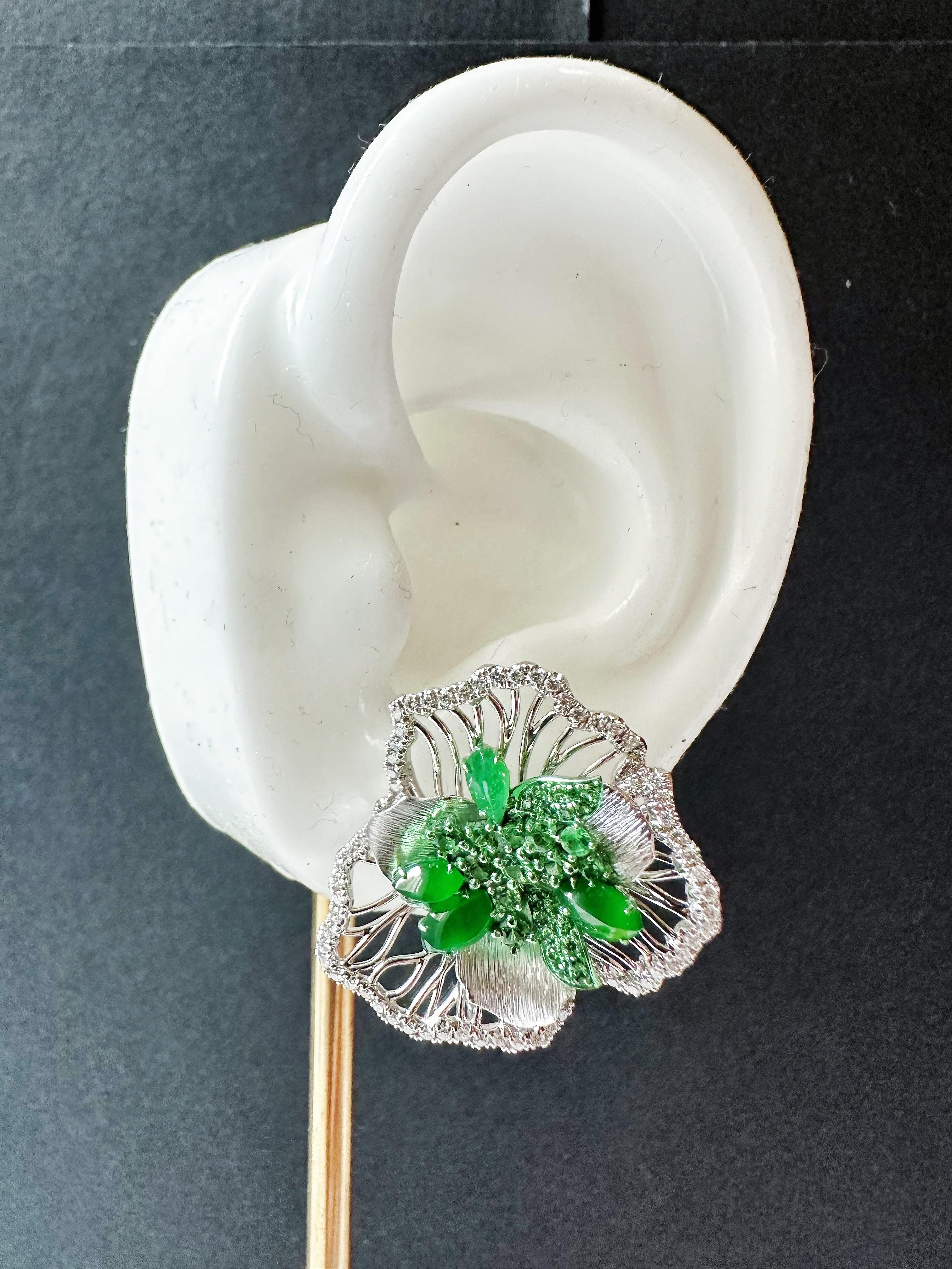 Art Nouveau Artistic Imperial Green Jade Irregular Cabochon Earrings in 18K Gold & Diamond For Sale