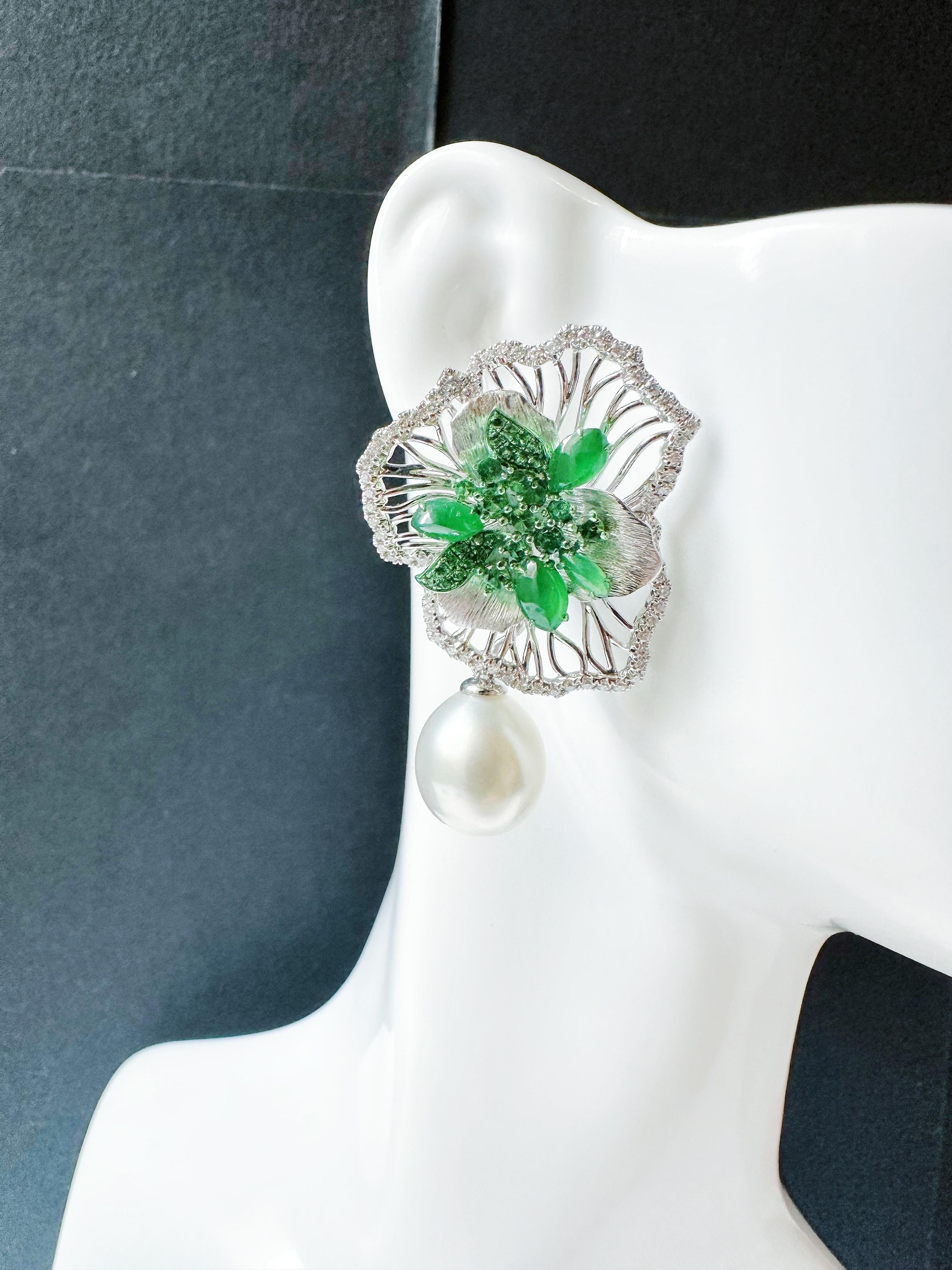 Mixed Cut Artistic Imperial Green Jade Irregular Cabochon Earrings in 18K Gold & Diamond For Sale