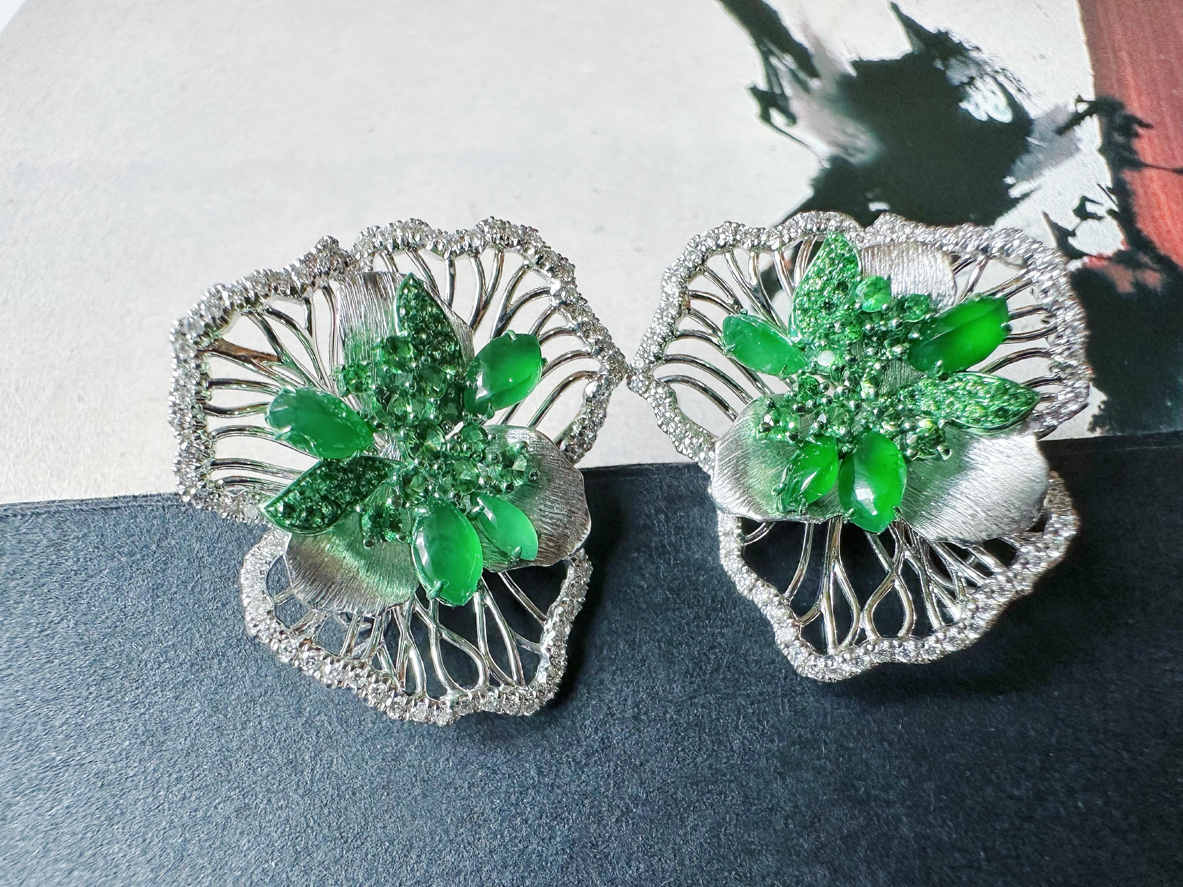 Artistic Imperial Green Jade Irregular Cabochon Earrings in 18K Gold & Diamond For Sale 1