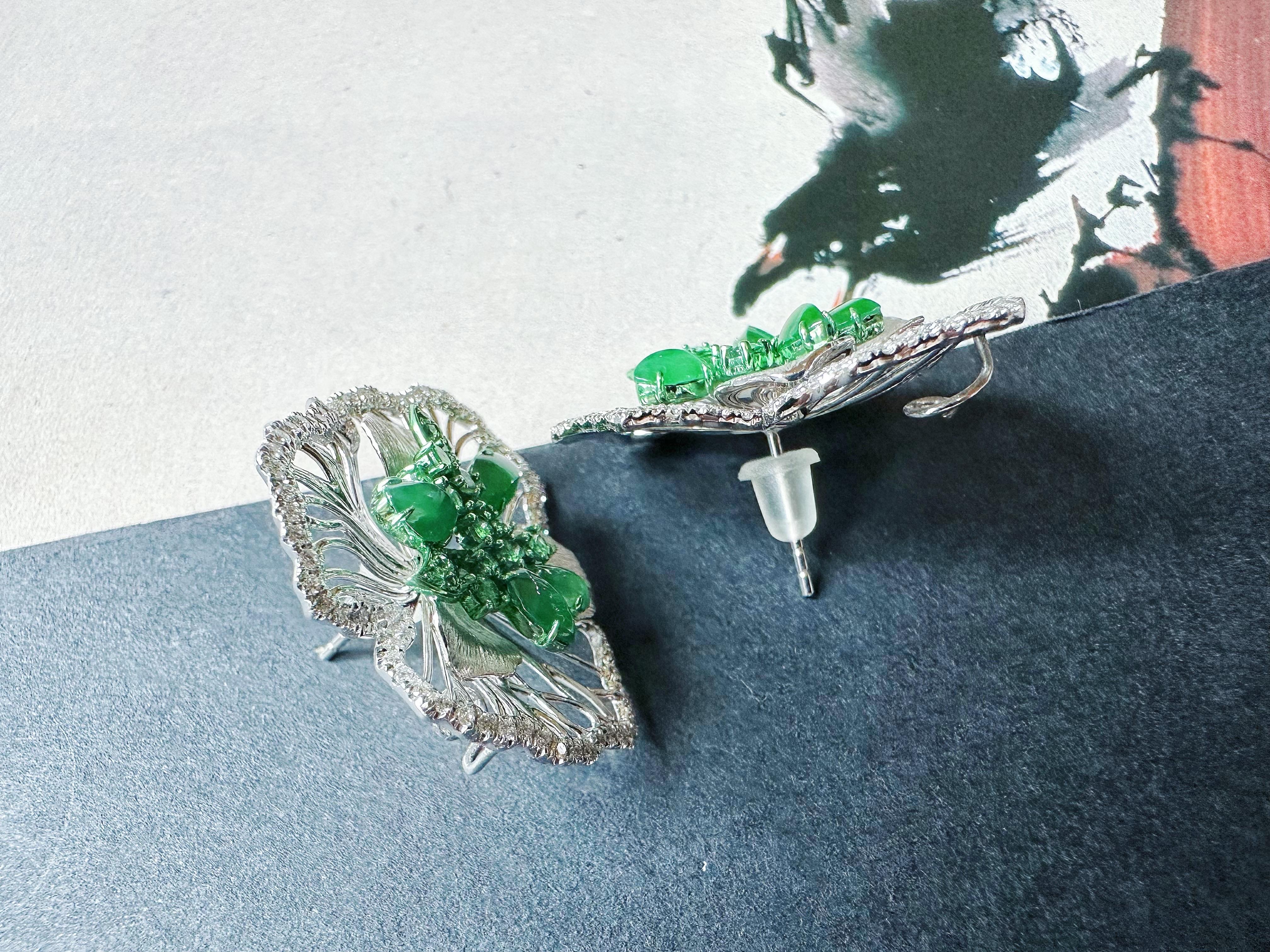 Artistic Imperial Green Jade Irregular Cabochon Earrings in 18K Gold & Diamond For Sale 2