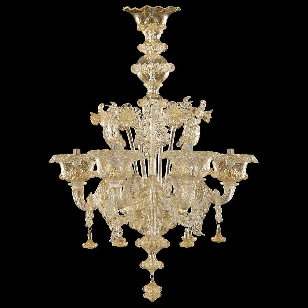 La caratteristica peculiare della collezione di illuminazione Galliano è la ricchezza delle sue decorazioni.
Questo lampadario artistico in vetro di lusso a 6 luci è realizzato a mano in vetro dorato.
Galliano è il nostro tributo all'autentica