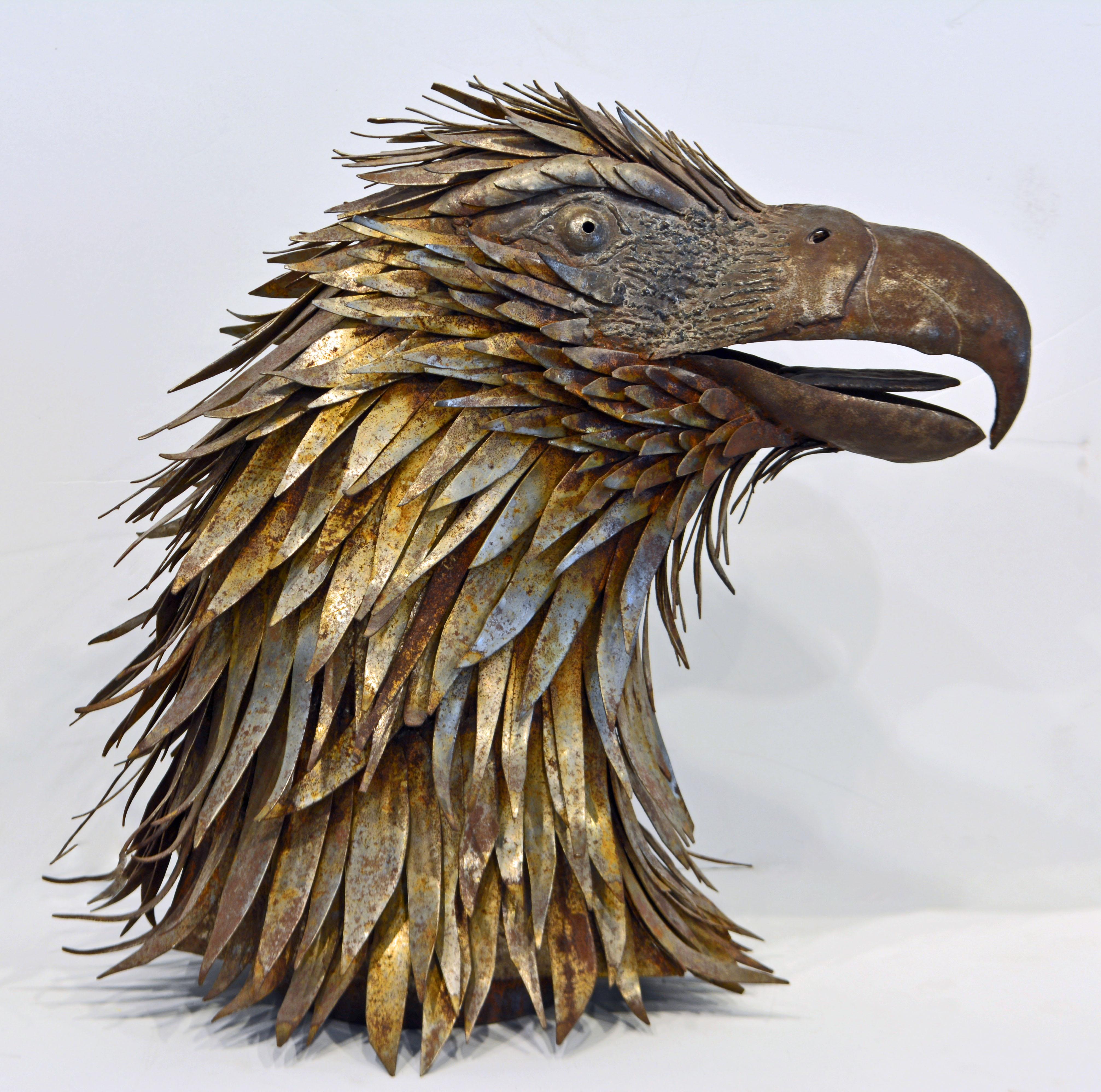 This evocative iron sculpture of an eagle's head with finely modulated beak and eyes is strikingly artistic. The feathers are made of thin metal and organized in ever changing directions. The style and the somber impression is not unlike of that of