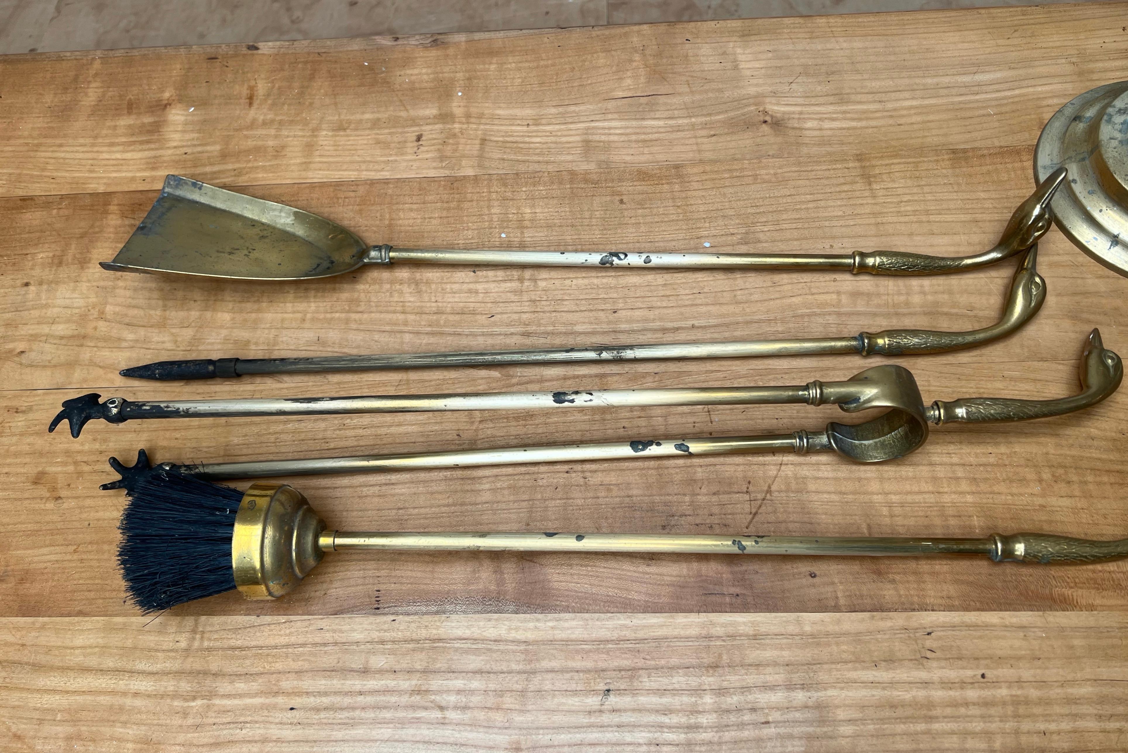 Artistic Mid-Century Modern Hand Crafted Bronze Duck Heads Fireplace Tool Set 4