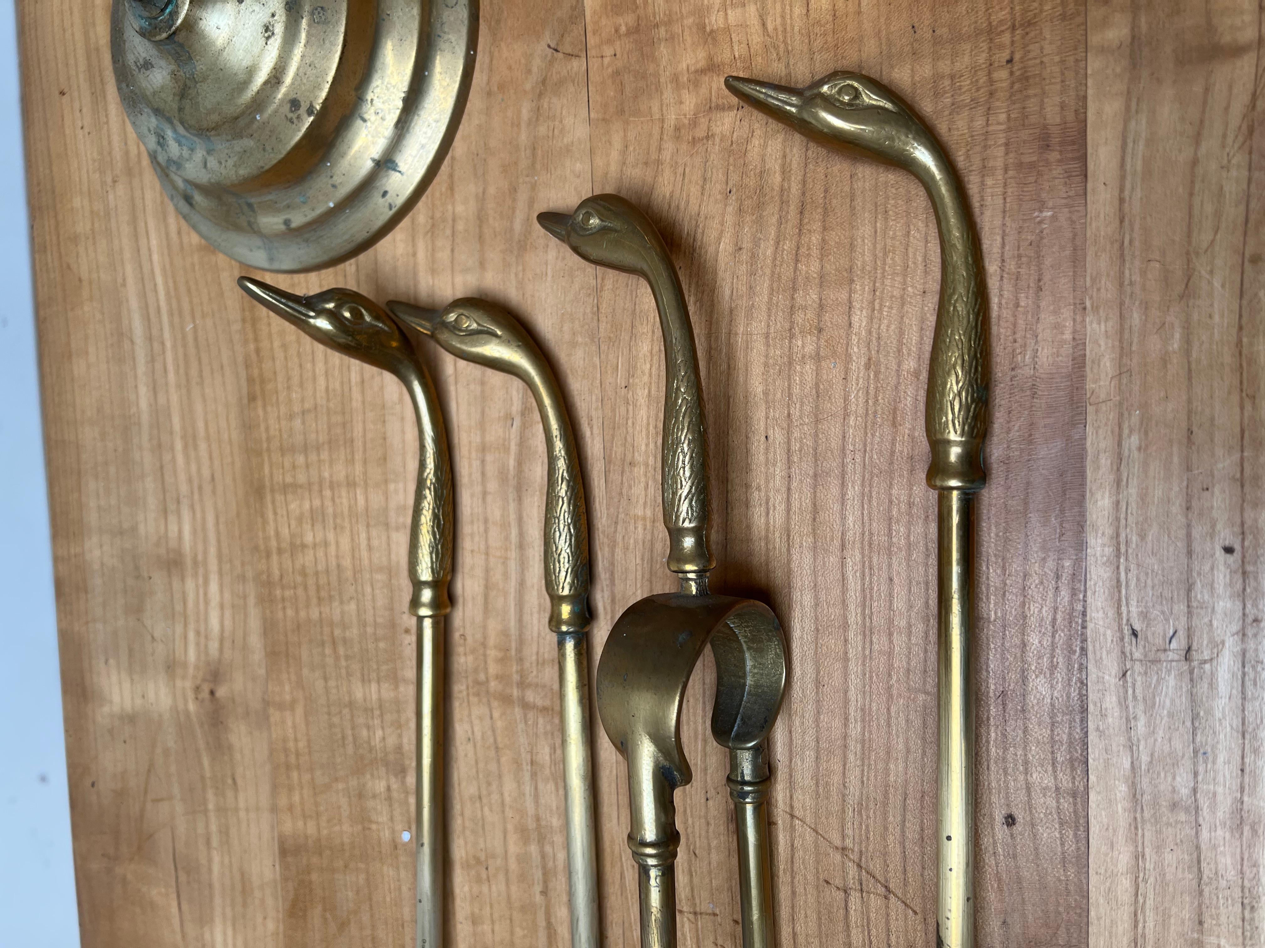 Artistic Mid-Century Modern Hand Crafted Bronze Duck Heads Fireplace Tool Set 5
