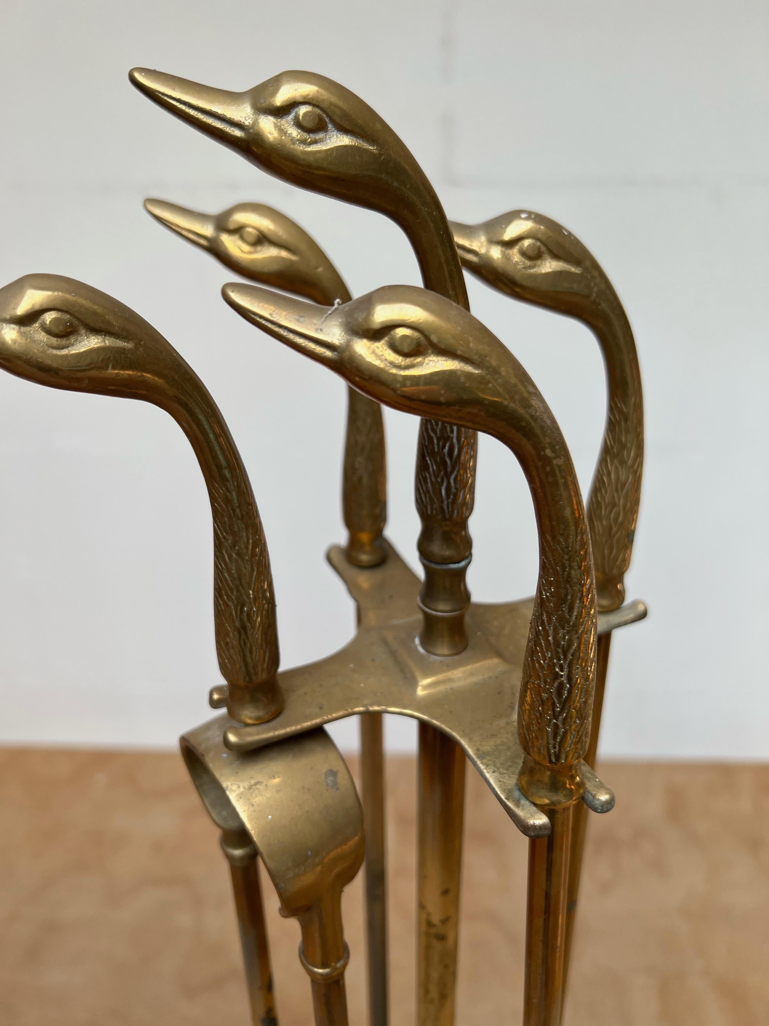 Artistic Mid-Century Modern Hand Crafted Bronze Duck Heads Fireplace Tool Set 6