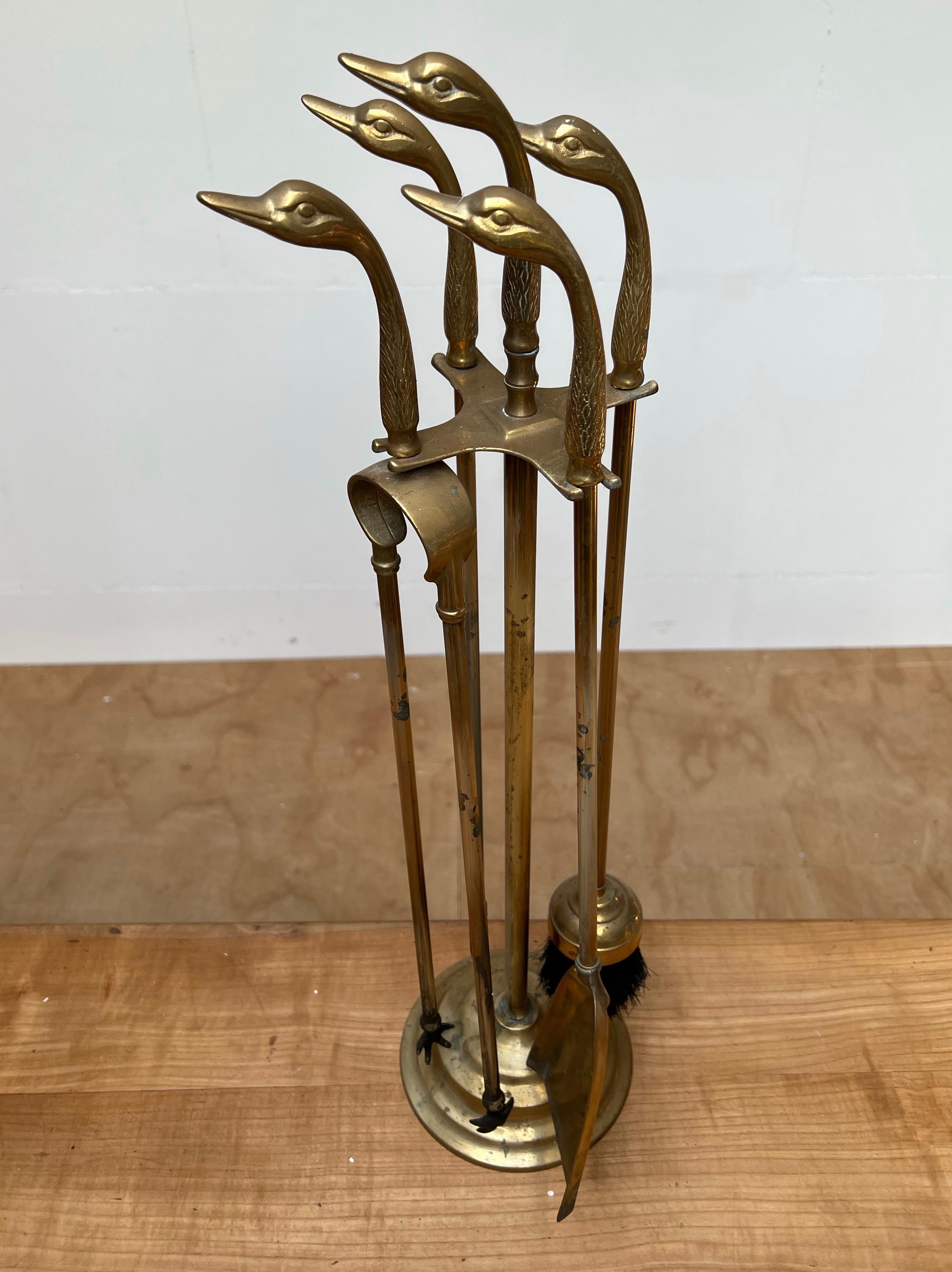 European Artistic Mid-Century Modern Hand Crafted Bronze Duck Heads Fireplace Tool Set