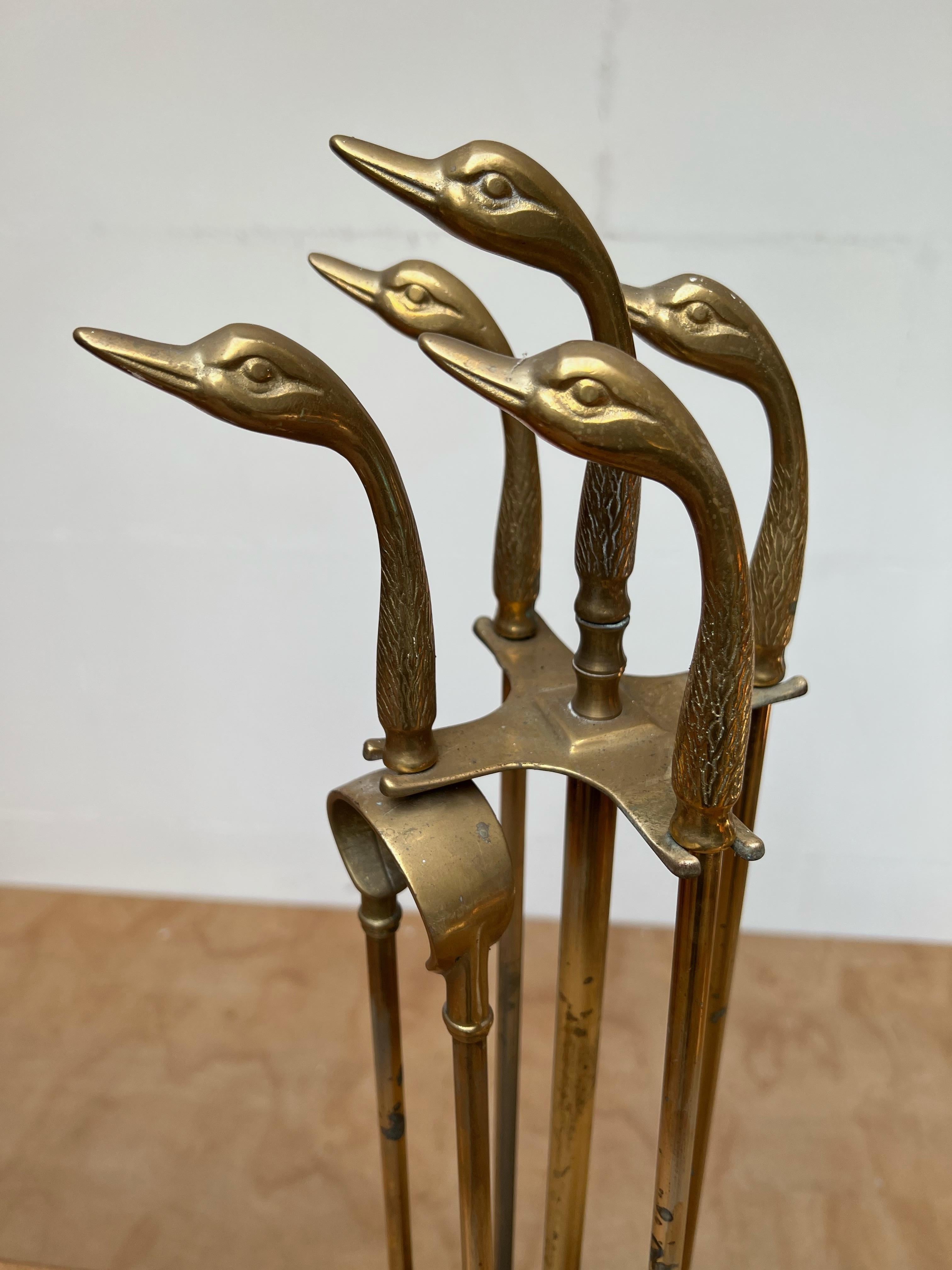 Artistic Mid-Century Modern Hand Crafted Bronze Duck Heads Fireplace Tool Set In Good Condition In Lisse, NL