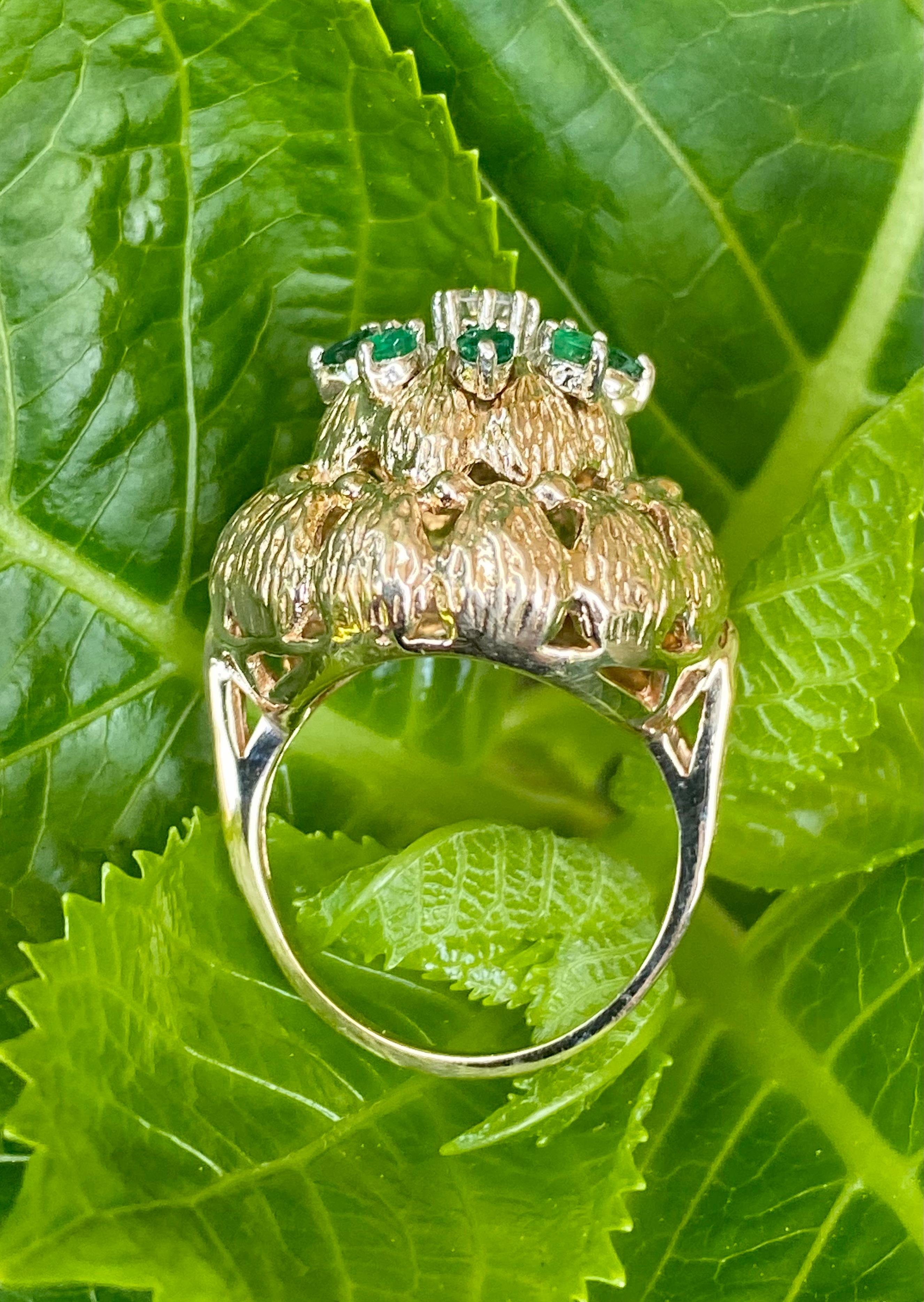 Artisan Artistic Midcentury Flower Motif Emerald and Diamond 18k Gold Textured Dome Ring