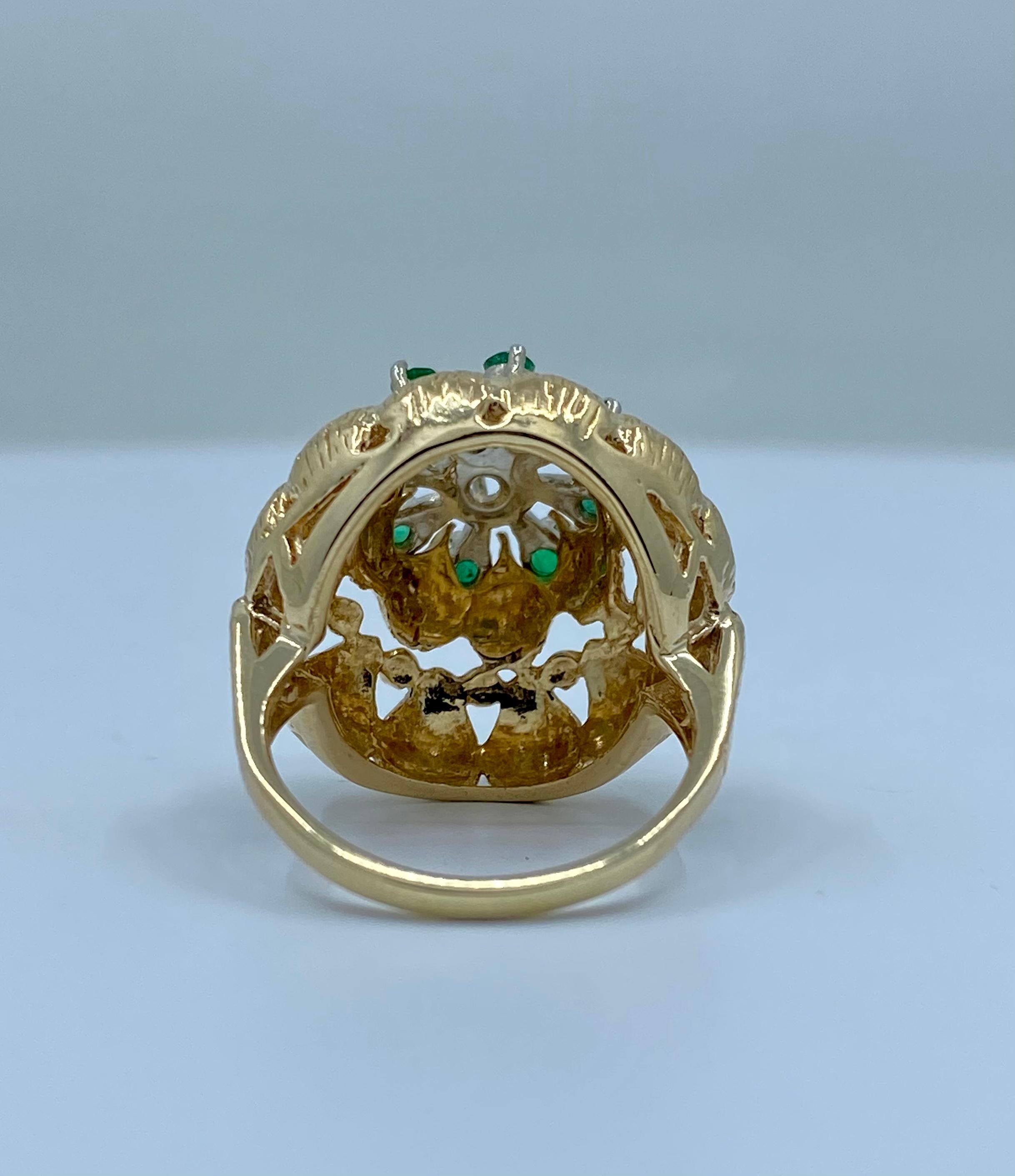 Women's Artistic Midcentury Flower Motif Emerald and Diamond 18k Gold Textured Dome Ring