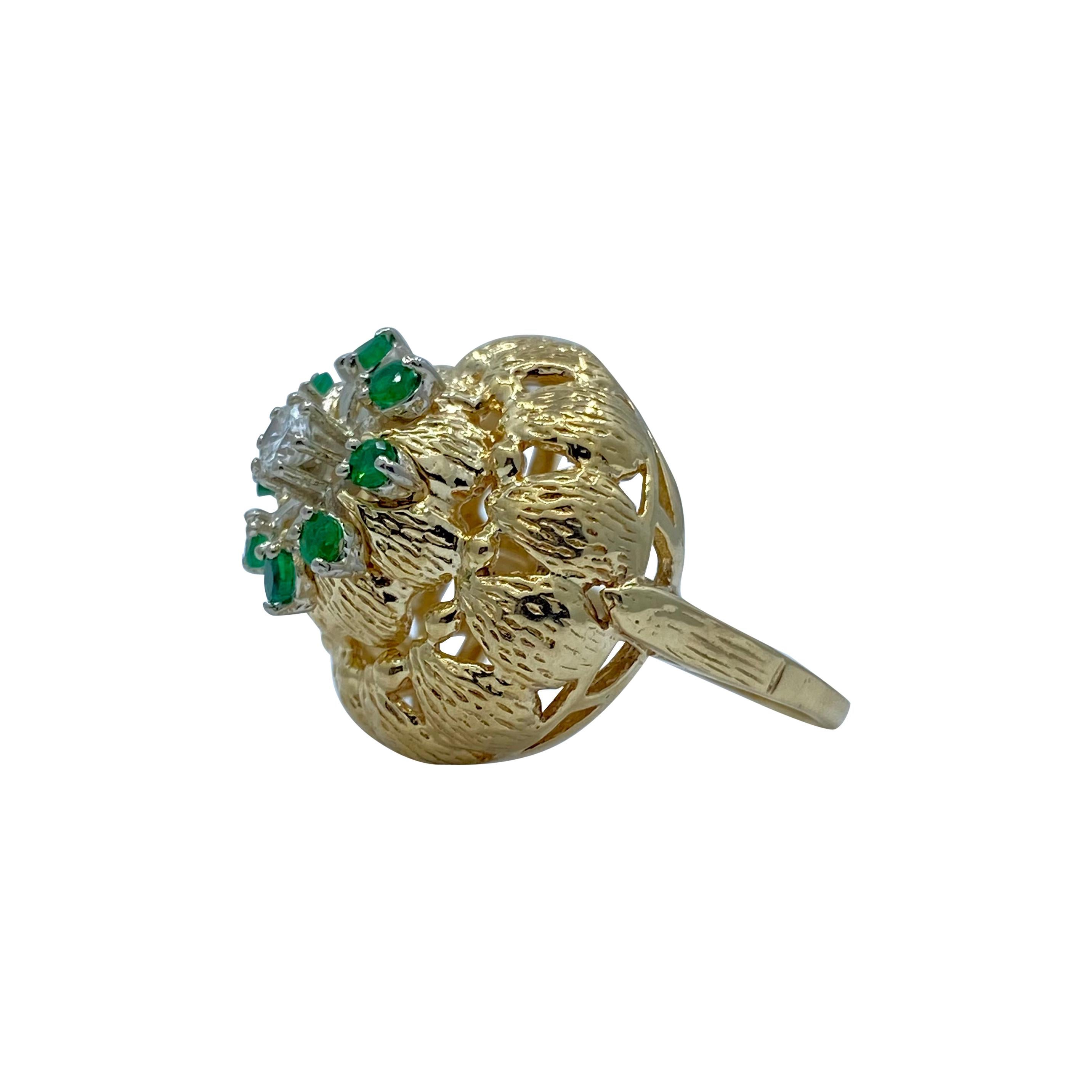 Artistic Midcentury Flower Motif Emerald and Diamond 18k Gold Textured Dome Ring
