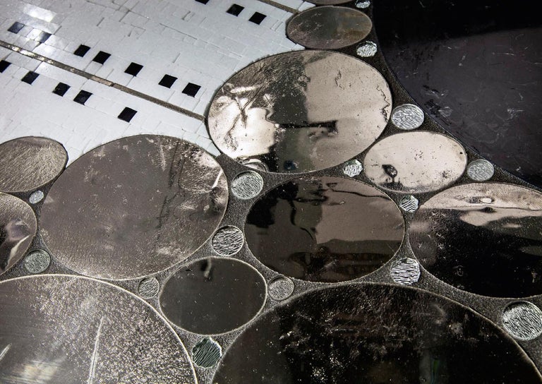 Italian Artistic Mosaic Handmade on Aluminum Panel Glass and Marble Mosaic Platinum Leaf For Sale