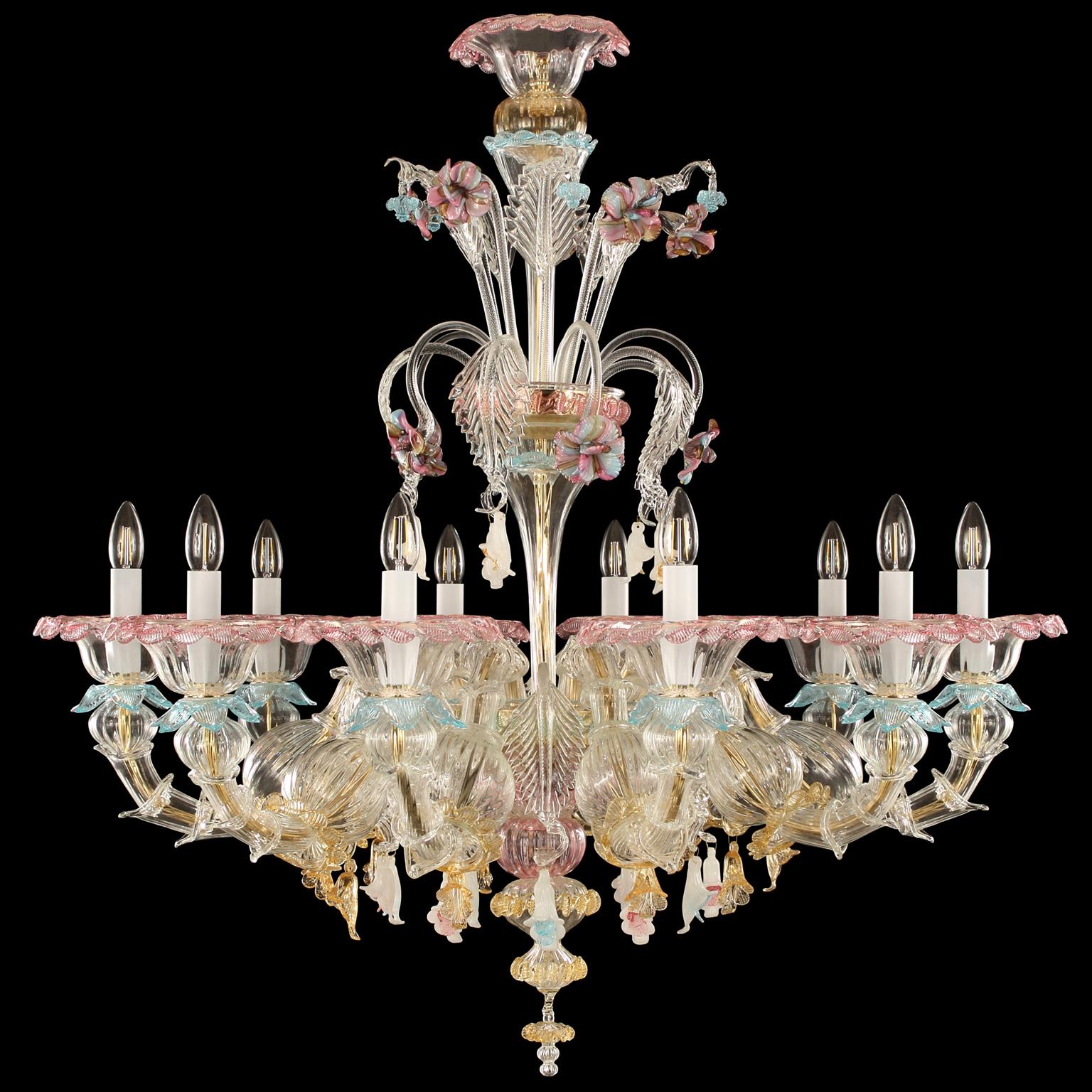 Toffee chandelier 10 arms, semi-rezzonico style, clear crystal Murano glass, multi-color details by Multiforme.

The artistic glass chandelier toffee is an elegant and delicate lighting work, colored with pastel tones. The structure is a