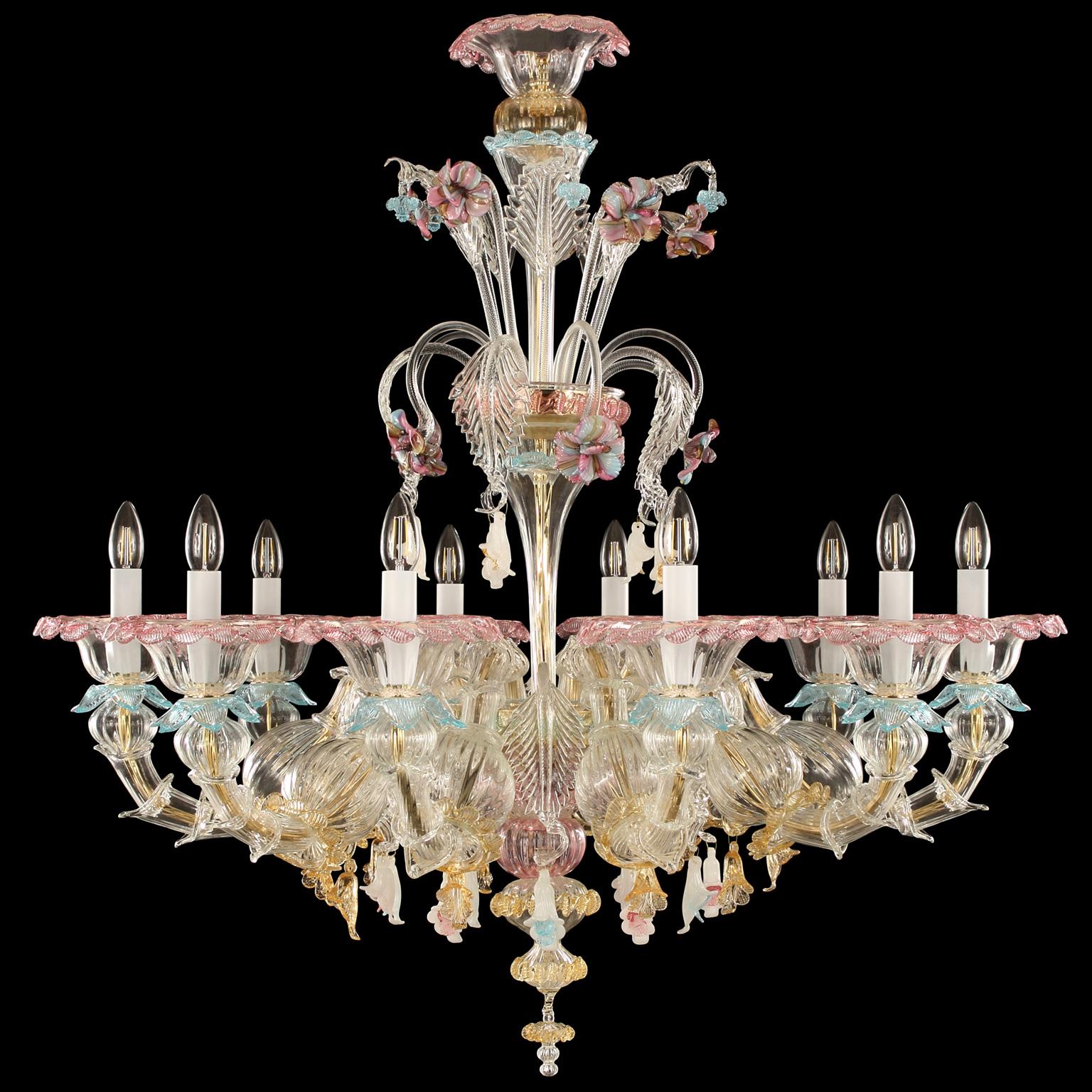 10-armiger Kronleuchter in Toffee, semi-rezzonico Stil, klares Murano-Kristallglas, mehrfarbige Details von Multiforme.

Der künstlerische Glaslüster Toffee ist ein elegantes und zartes Beleuchtungswerk, das in Pastelltönen gehalten ist. Die