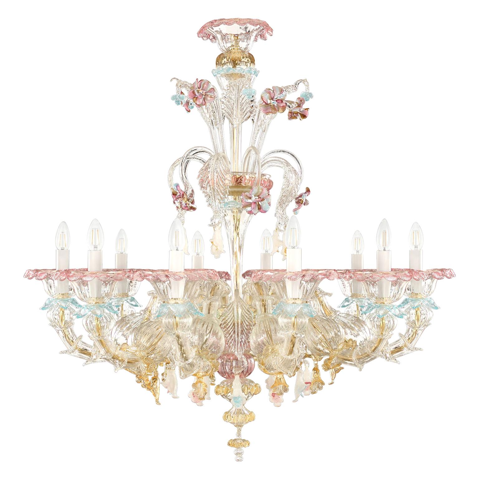 Lustre artistique de Murano Rezzonico à 10 bras en verre multicolore par Multiforme