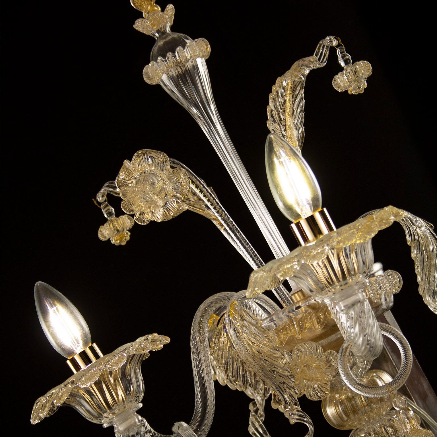 Italian Artistic Murano Sconce 2 Arms Clear and Golden Leaf Glass Toffee by Multiforme For Sale
