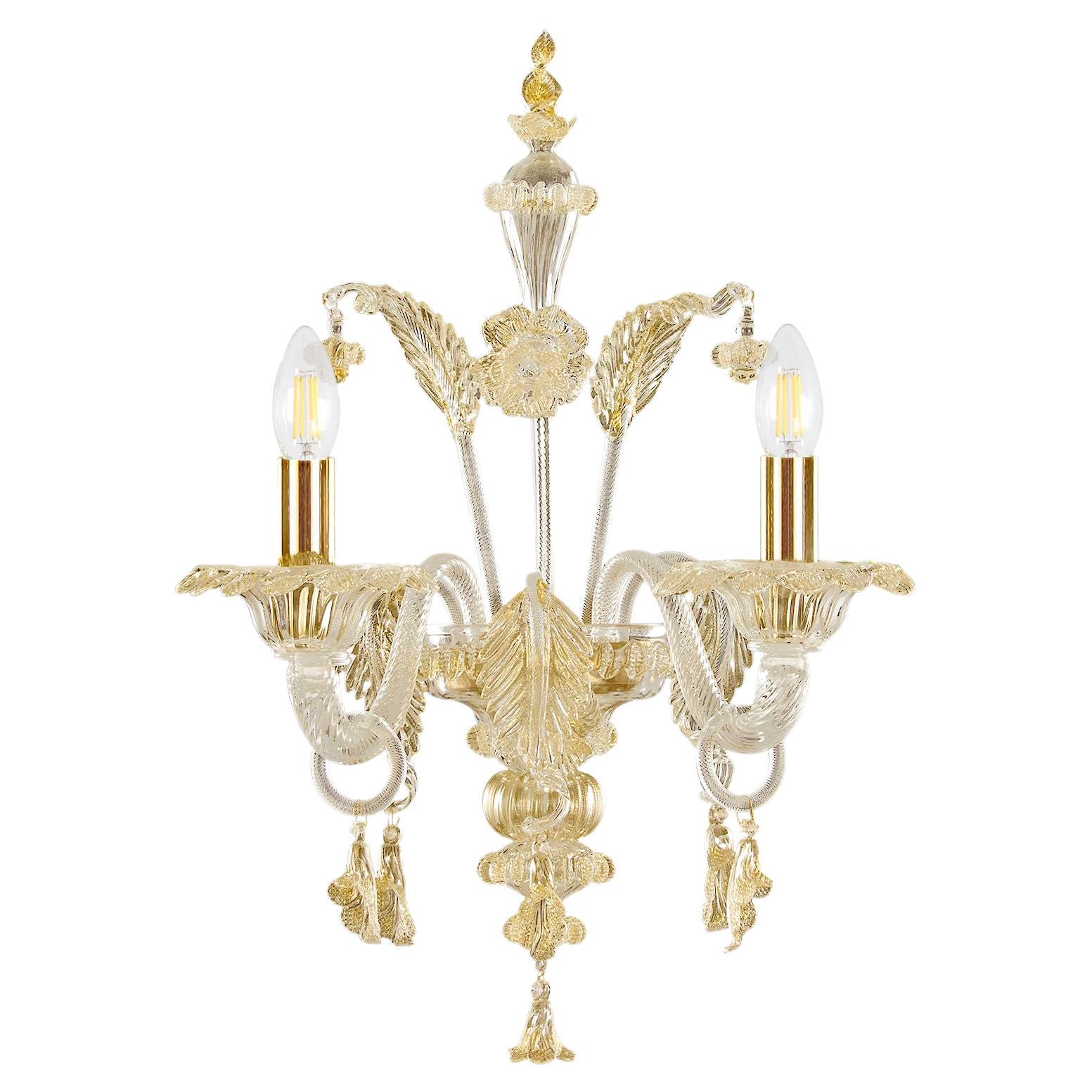 Artistic Murano Sconce 2 Arms Clear and Golden Leaf Glass Toffee by Multiforme For Sale