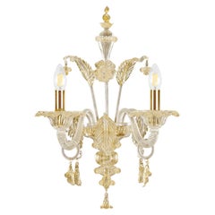 Artistic Murano Sconce 2 Arms Clear and Golden Leaf Glass Toffee by Multiforme