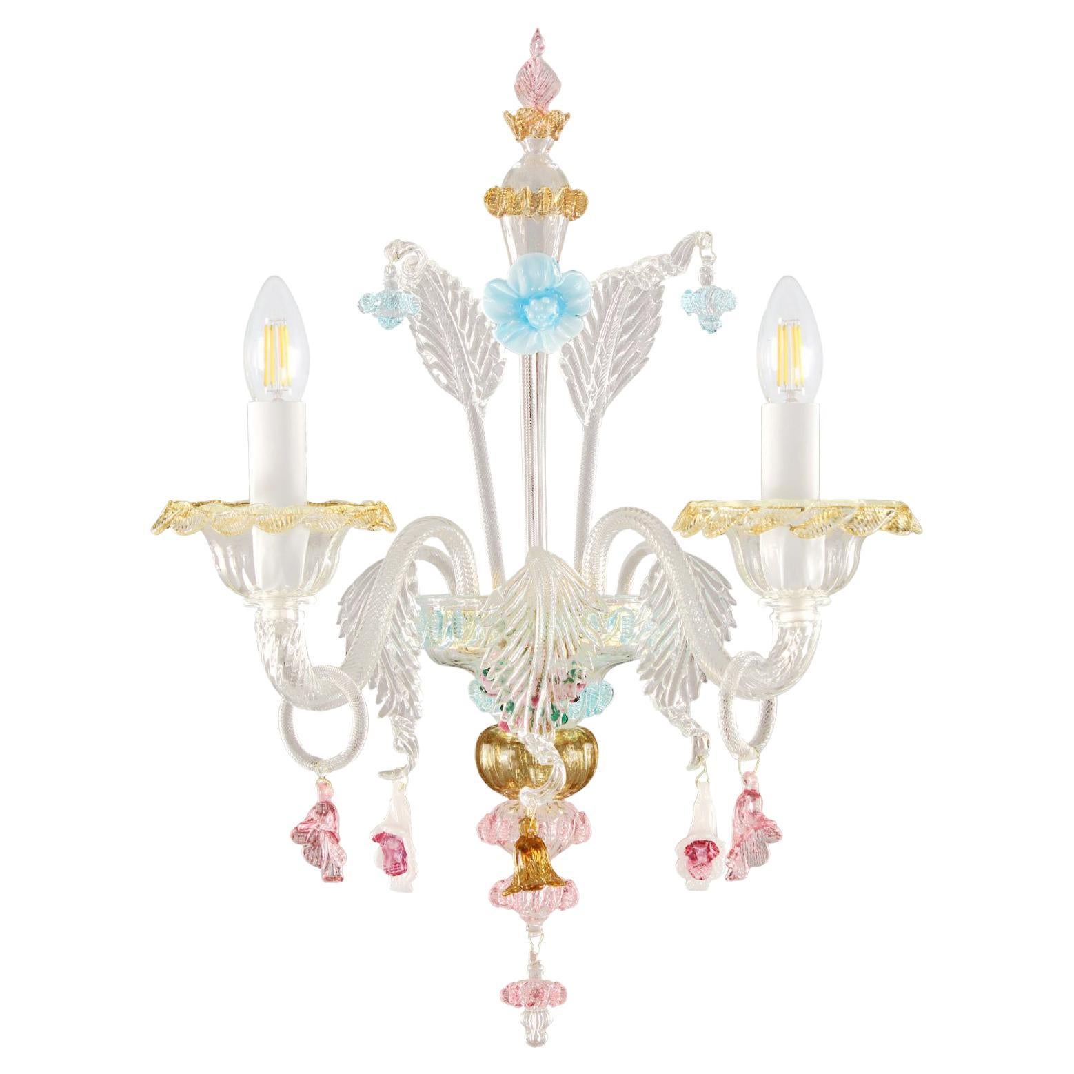 Artistic Murano Sconce 2 Arms Clear Glass, Multicolor Details by Multiforme For Sale