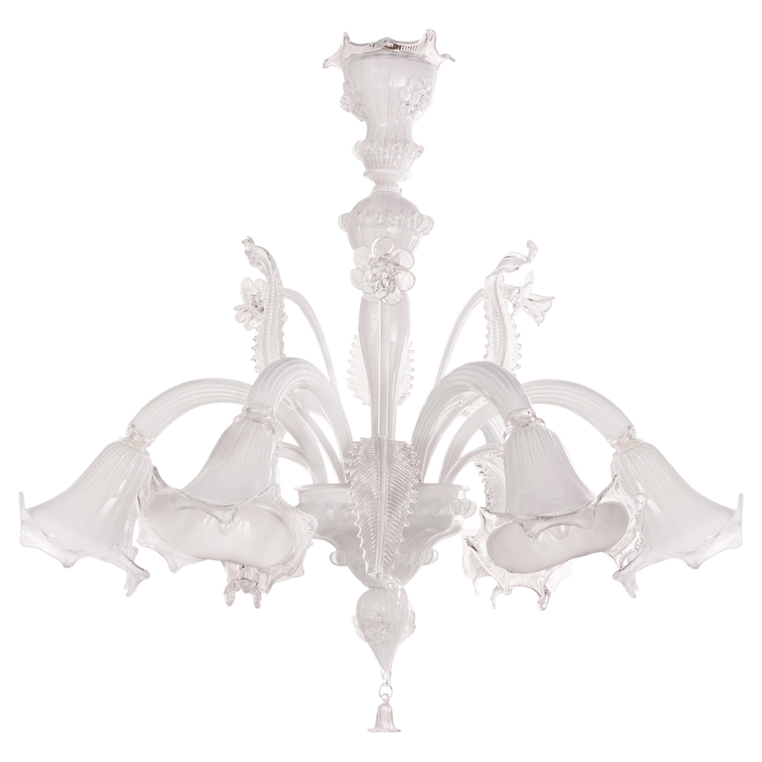 Lampadario artistico in vetro bianco di Murano a 6 luci, Vintage Made in Italy, in stock