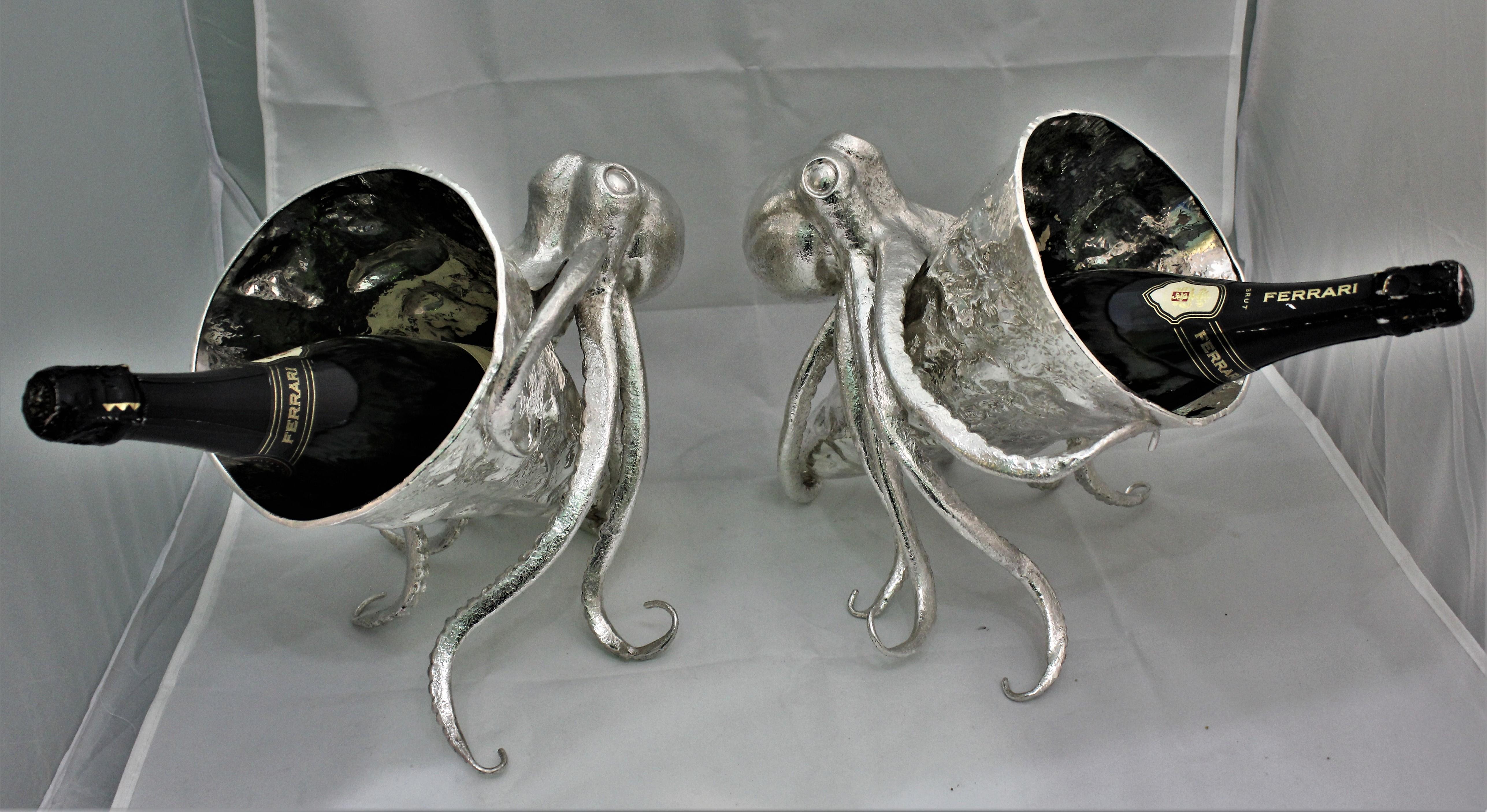 Artistic Pair of Silver Wine Coolers with Octopus Sculptures Italy, 1930s For Sale 7