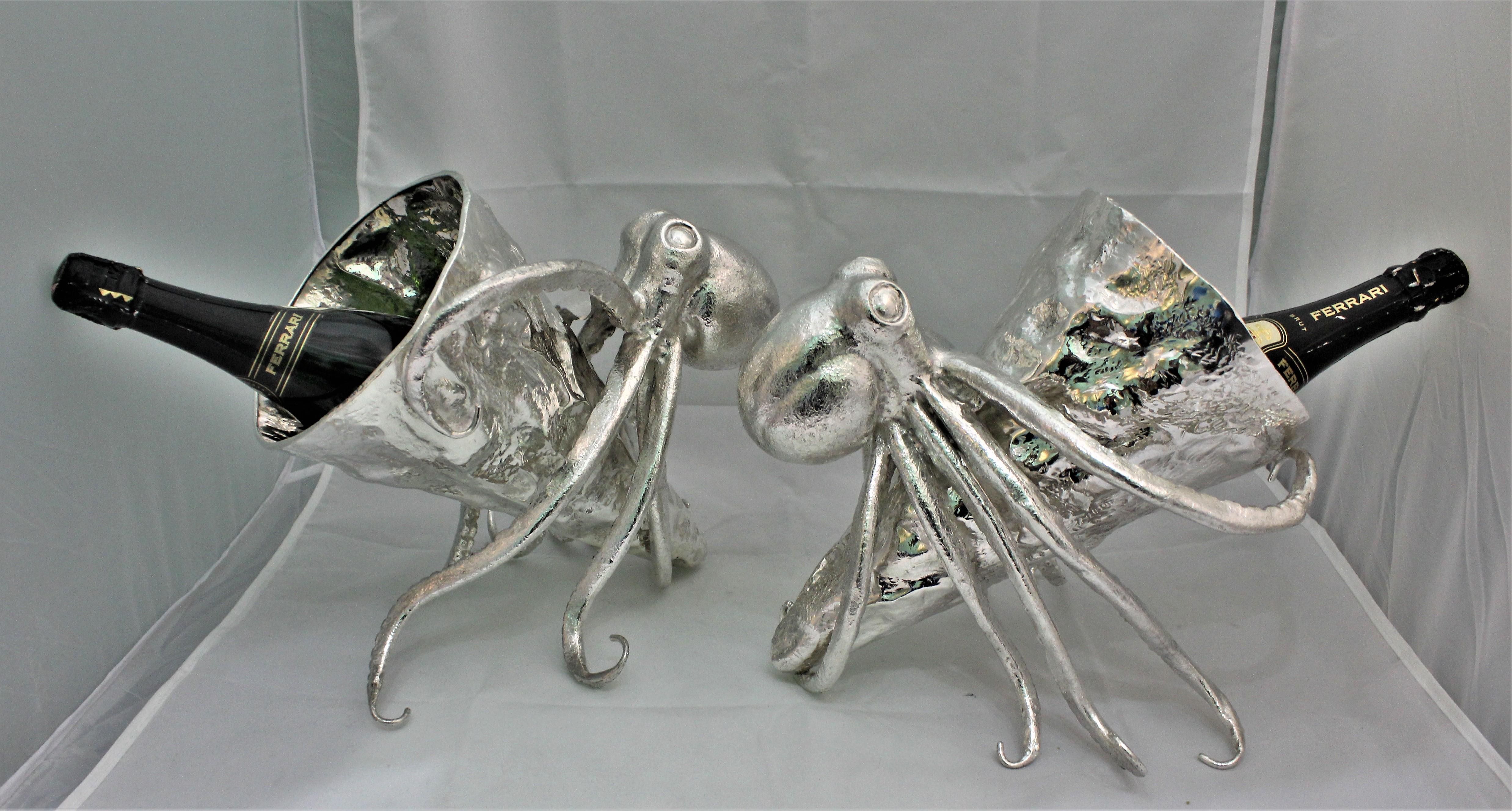 Artistic Pair of Silver Wine Coolers with Octopus Sculptures Italy, 1930s For Sale 8