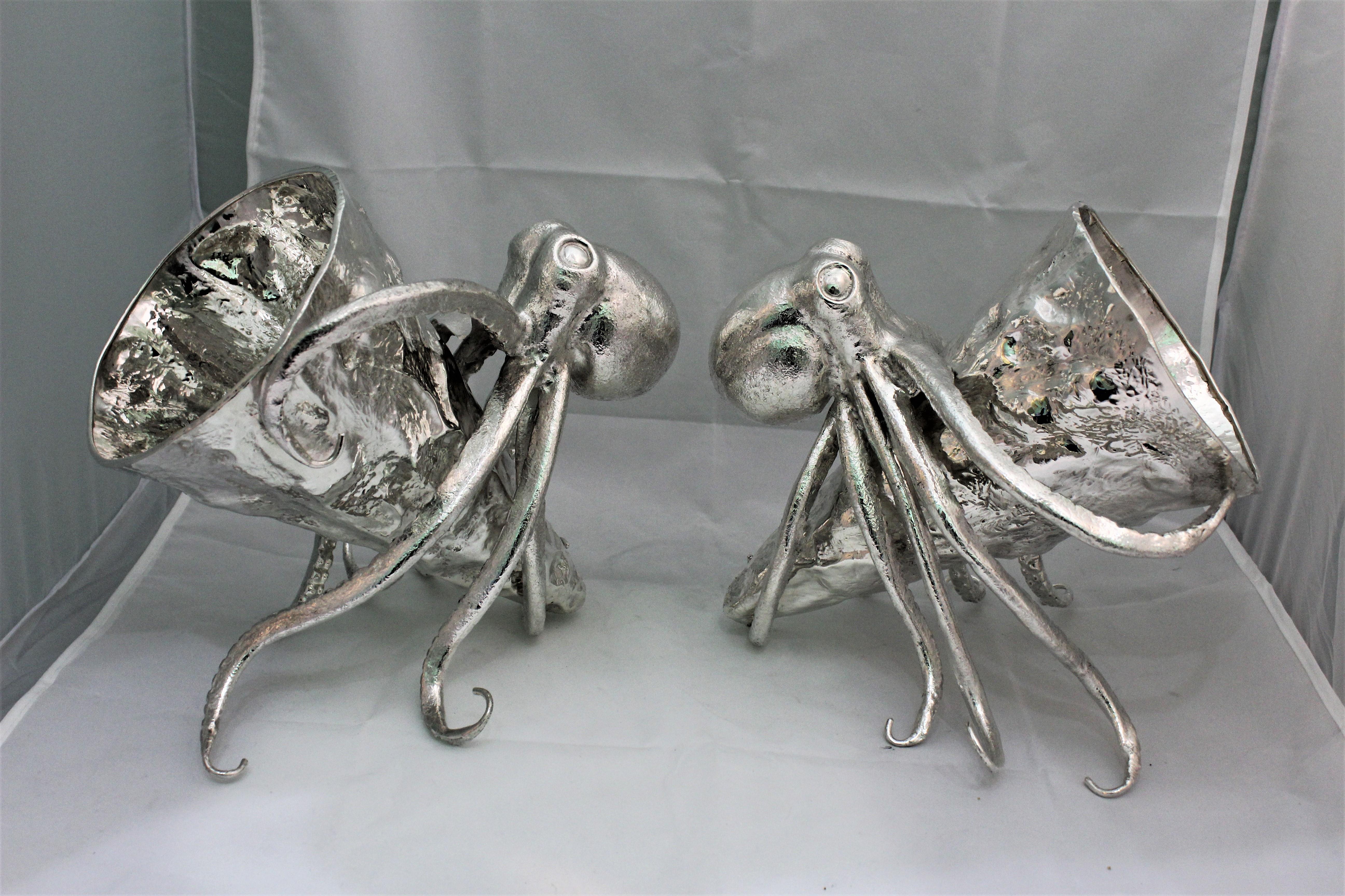 Italian Artistic Pair of Silver Wine Coolers with Octopus Sculptures Italy, 1930s For Sale