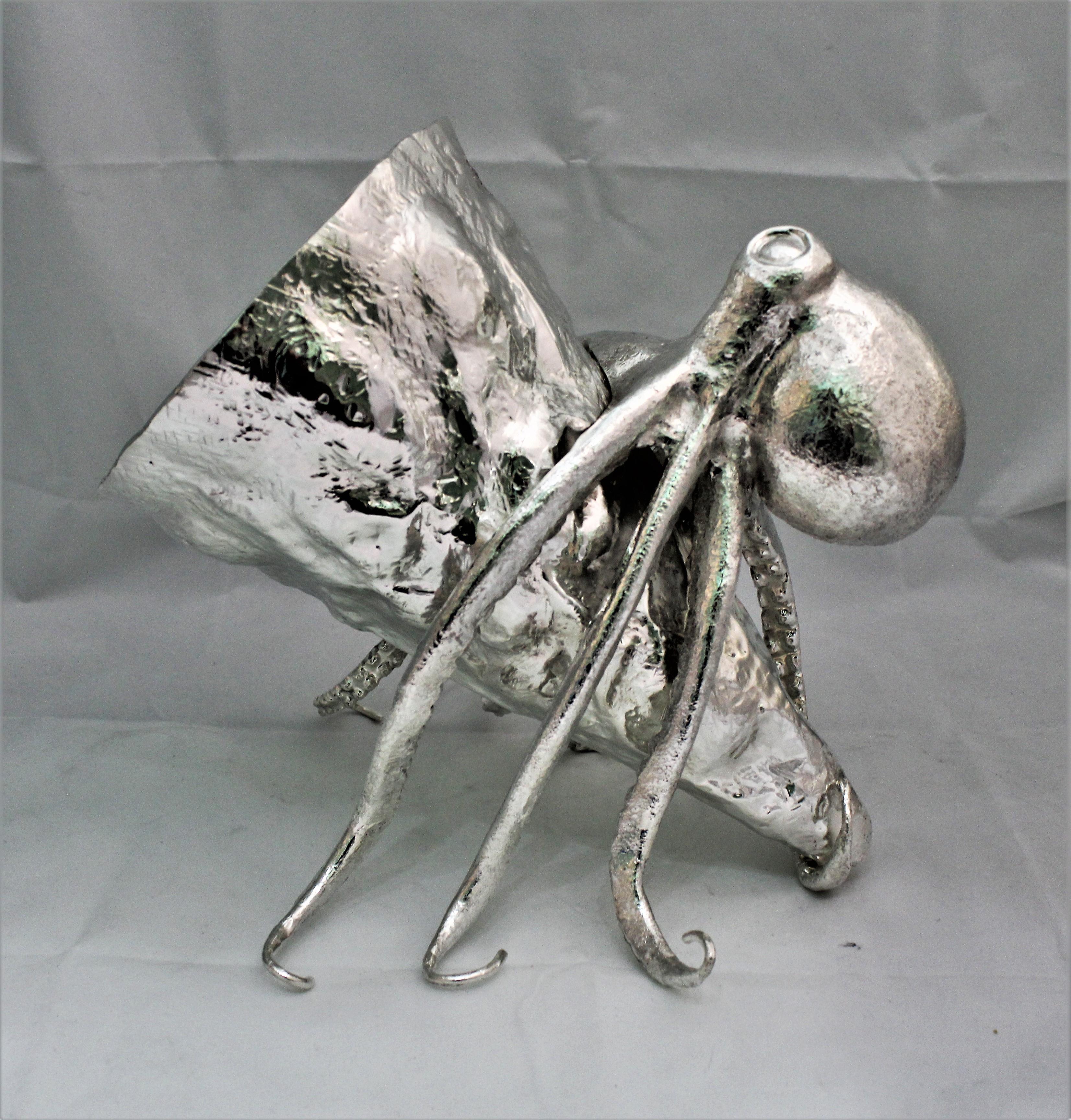 Embossed Artistic Pair of Silver Wine Coolers with Octopus Sculptures Italy, 1930s For Sale