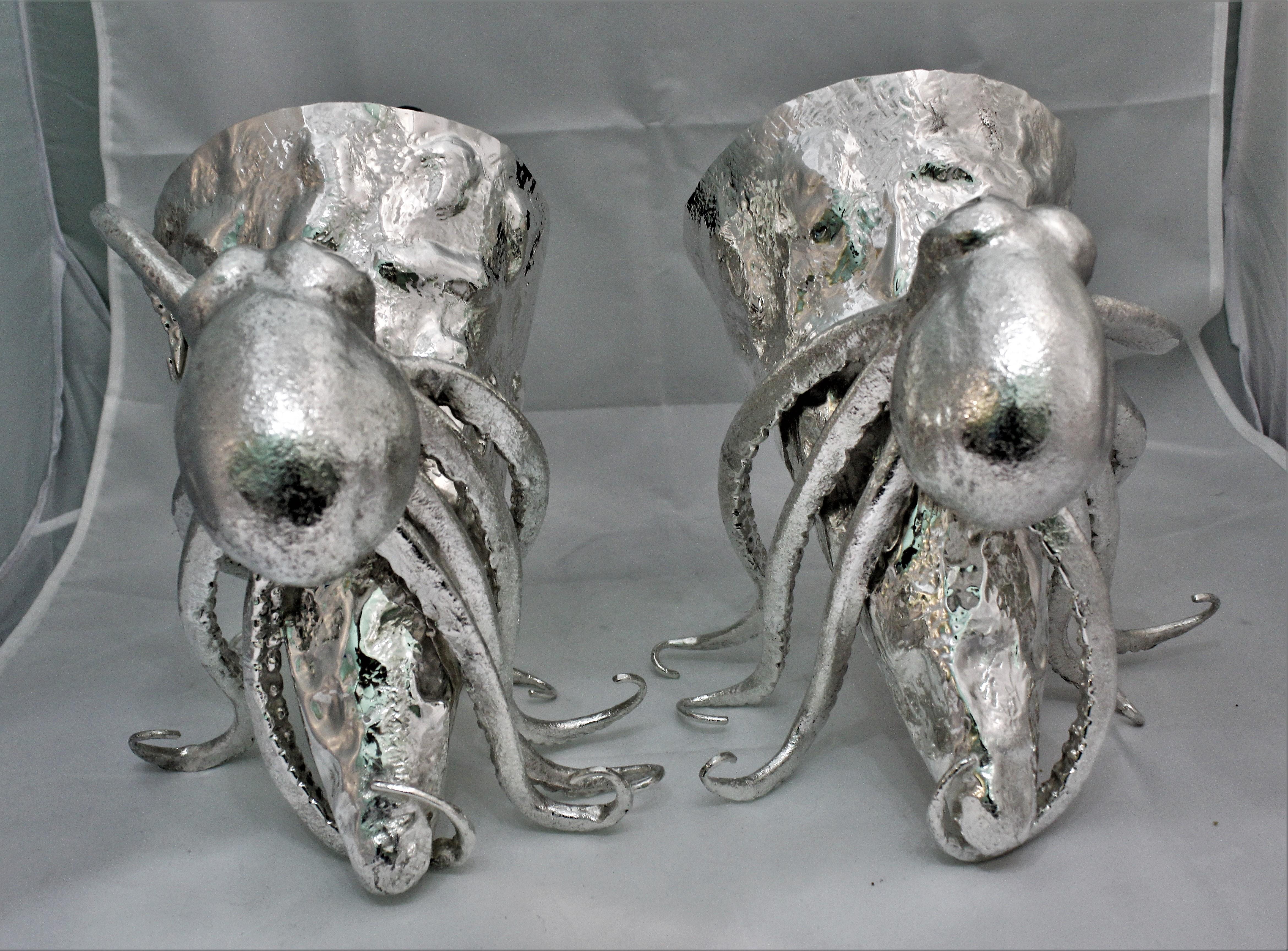 Mid-20th Century Artistic Pair of Silver Wine Coolers with Octopus Sculptures Italy, 1930s For Sale