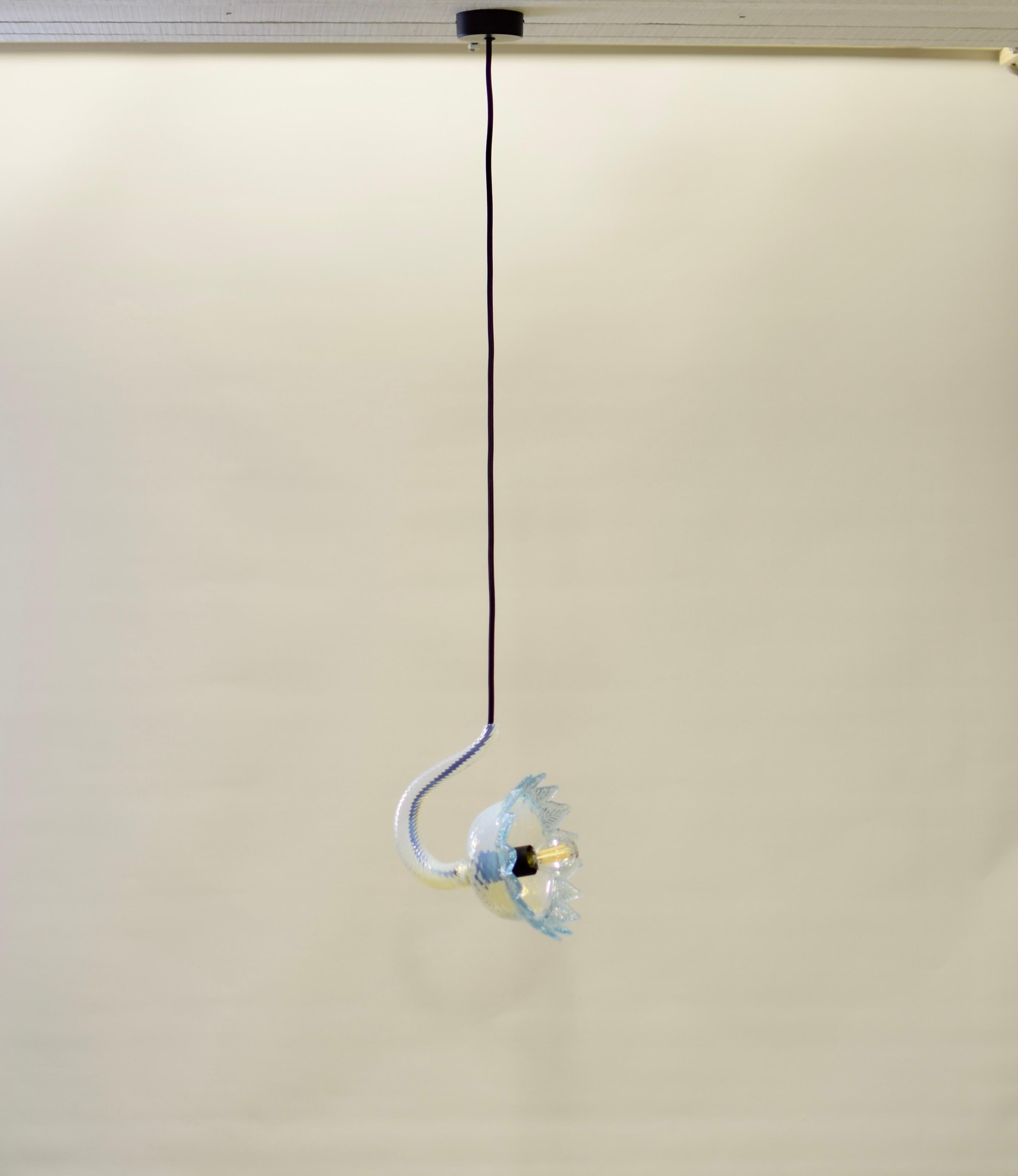 Blown Glass Artistic Pendant 1 Opalino, Murano Glass, Inspiration by Eros Raffael For Sale