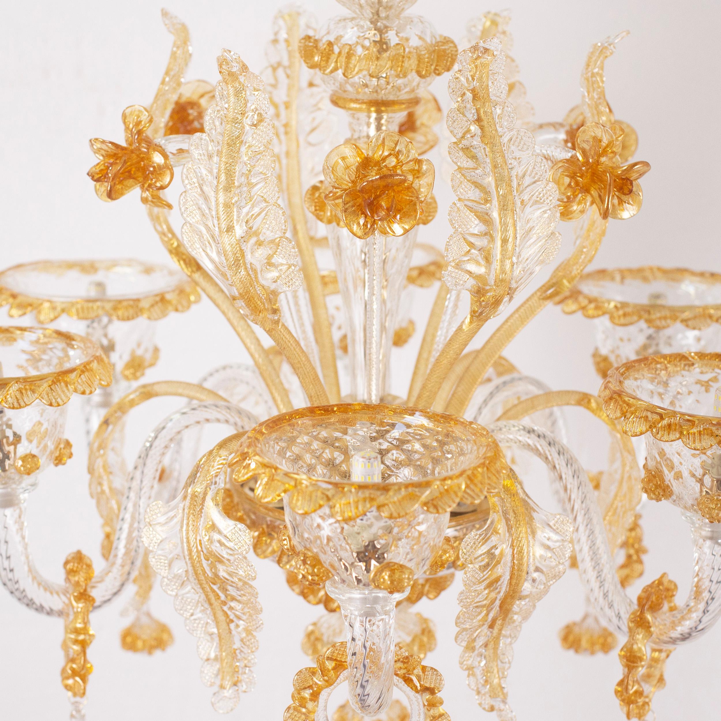 Contemporary Artistic Rich Chandelier, 6 Arms Clear and Amber Murano Glass by Multiforme For Sale