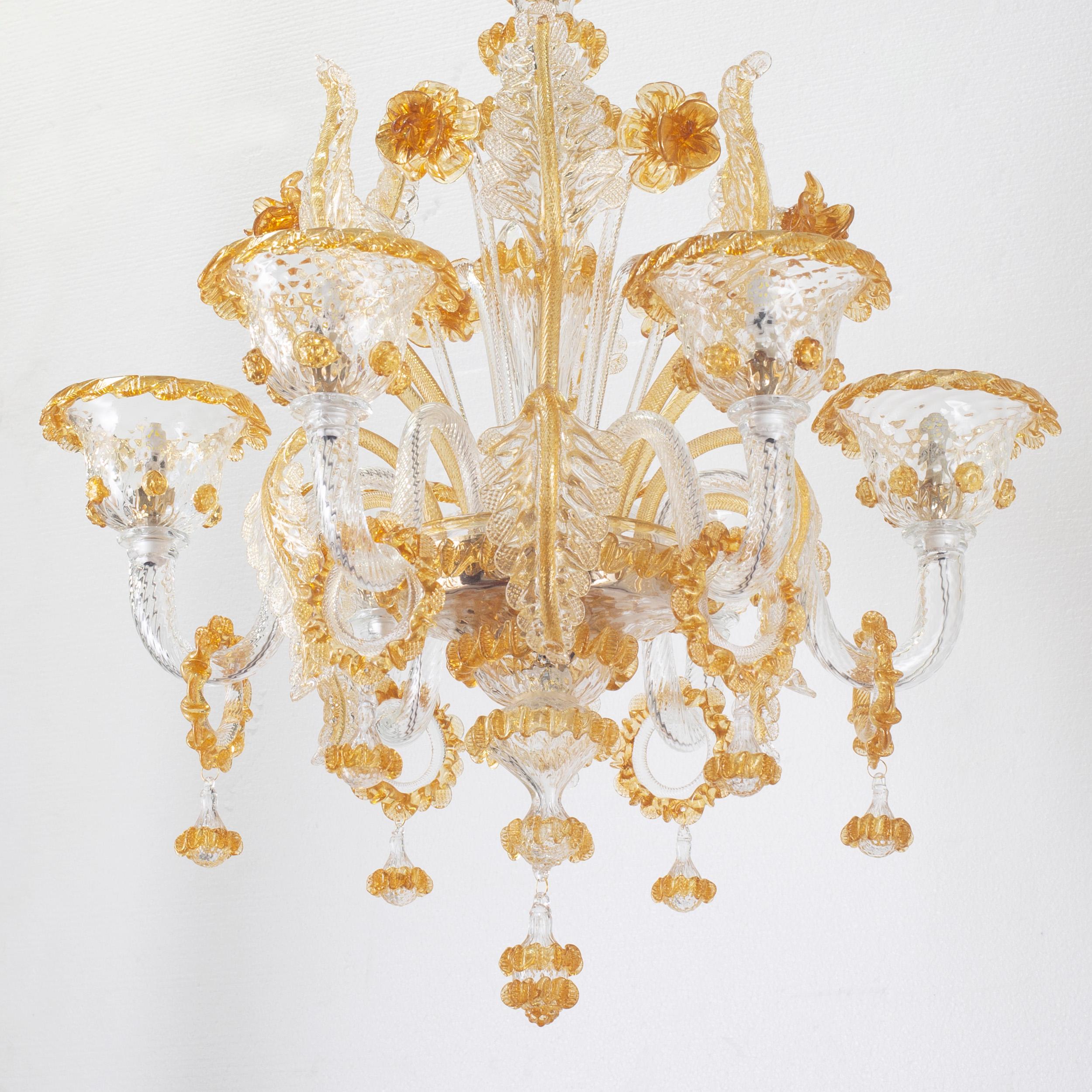 Artistic Rich Chandelier, 6 Arms Clear and Amber Murano Glass by Multiforme For Sale 1