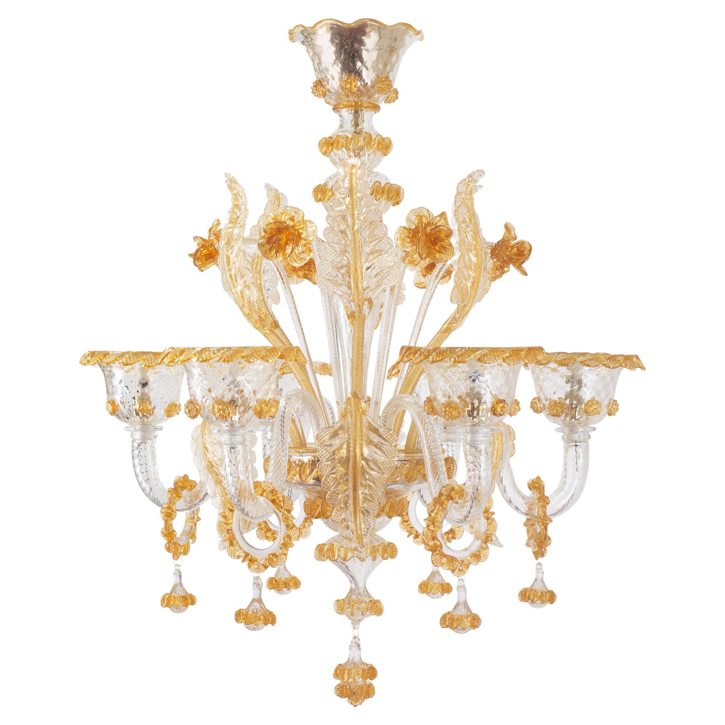 Artistic Rich Chandelier, 6 Arms Clear and Amber Murano Glass by Multiforme For Sale