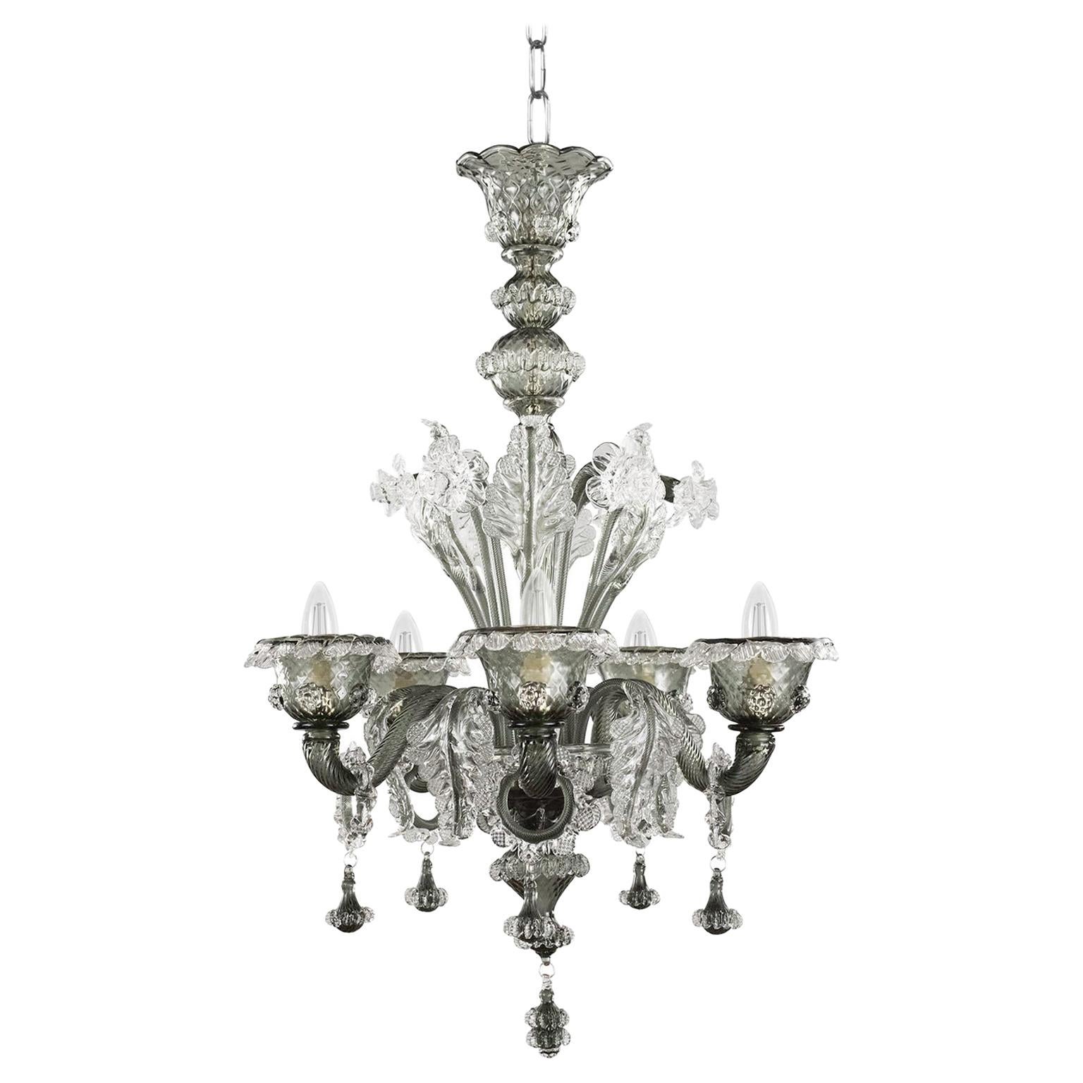 Artistic Rich Chandelier, 5 Arms Clear and Dark Grey Murano Glass by Multiforme For Sale