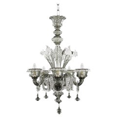 Artistic Rich Chandelier, 5 Arms Clear and Dark Grey Murano Glass by Multiforme