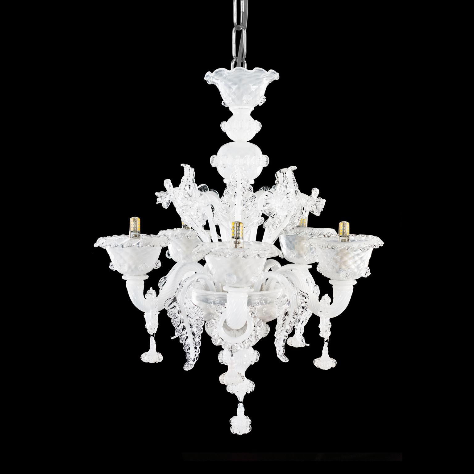 Italian Artistic Rich Chandelier 5 Arms white-clear Murano Glass by Multiforme in stock For Sale